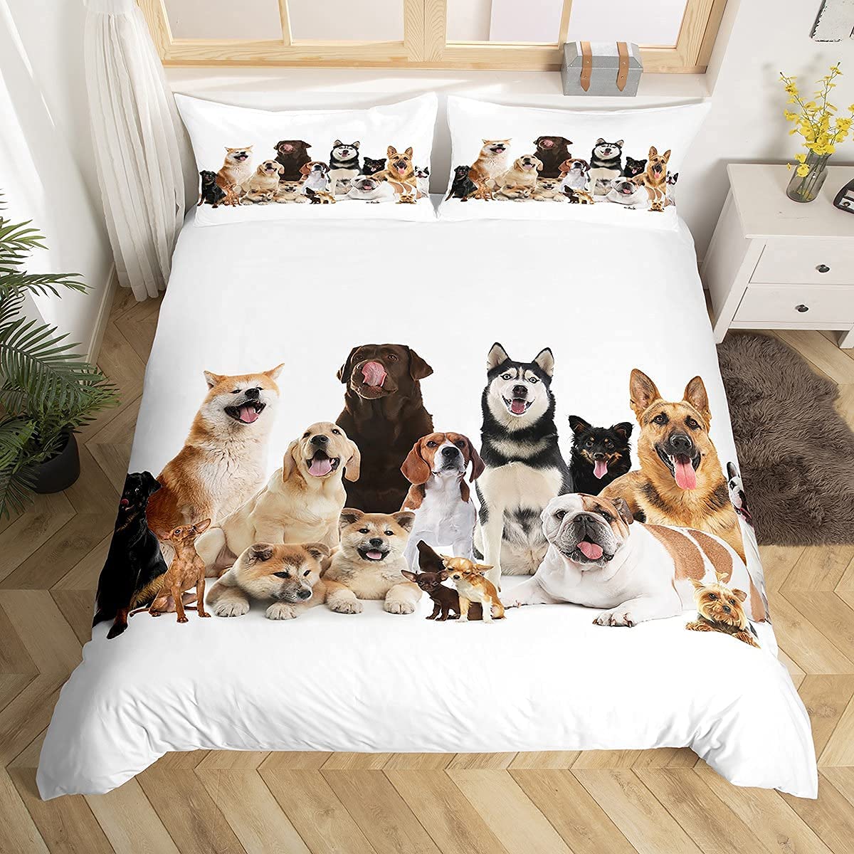 Loussiesd Dogs Duvet Cover Set, Cute Pet Patterns Comforter Cover, White Background Bedding Set, Soft Microfiber Decoration Room Quilt Cover for Kids Boys (1 Duvet Cover with 2 Pillow Case) King Size โ image 1