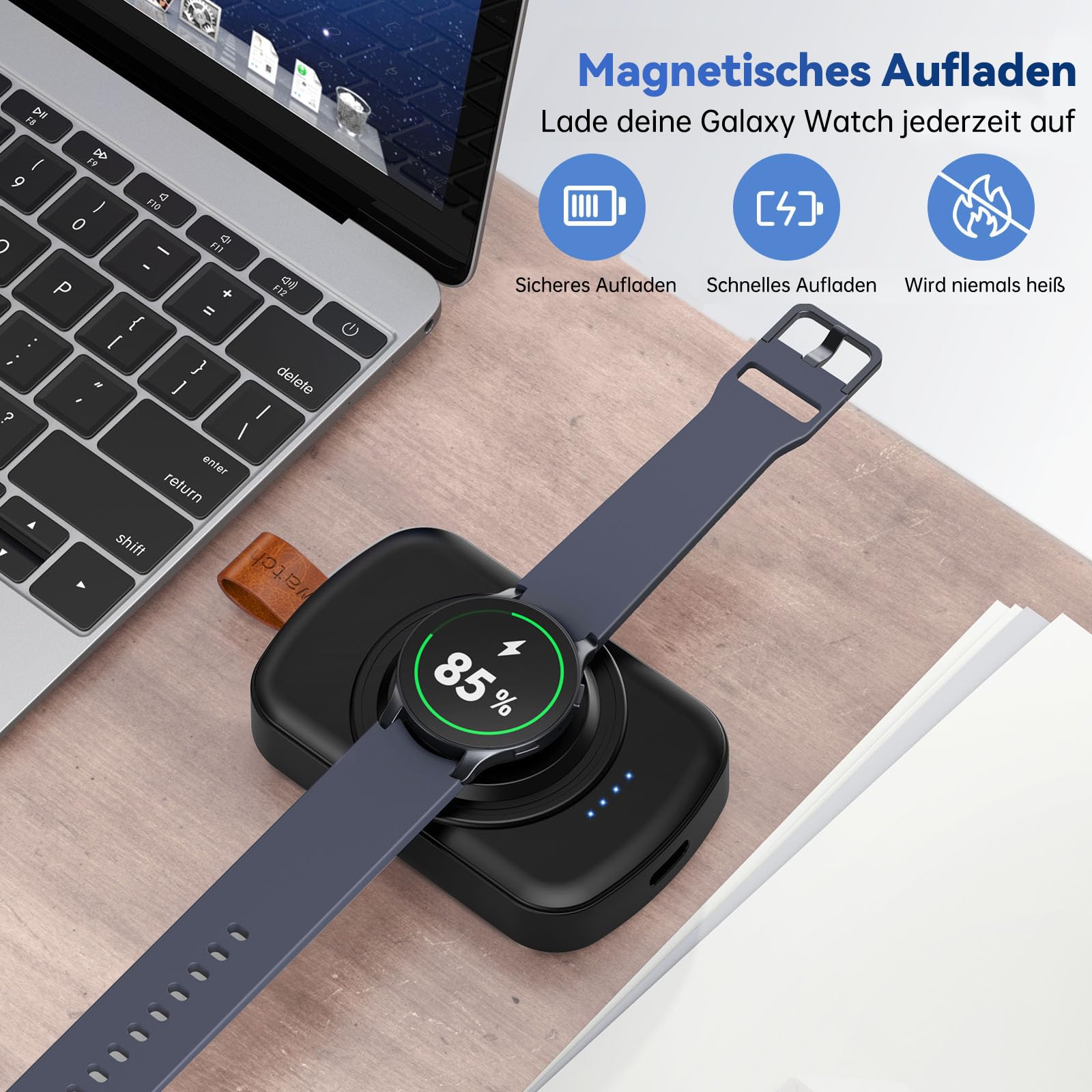 Ladegerät für Samsung Galaxy Watch,1800 mAh tragbares Ladegerät für Samsung Galaxy Watch 8/8 Classic/7/Ultra/6/6 Classic/5/5 Pro/4/3, Active 2/1, kabellos, magnetisch (schwarz)