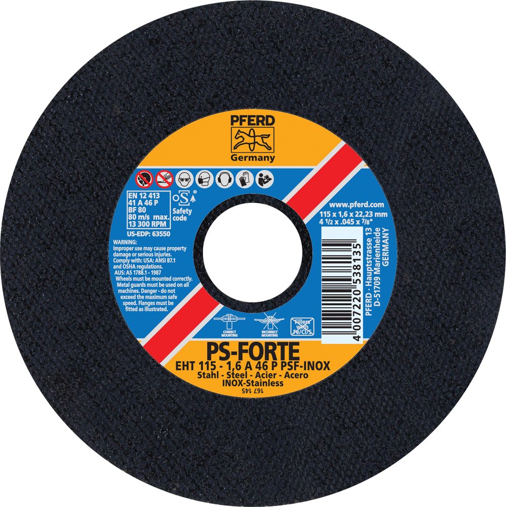 PFERD 63550 Flat Cut-Off Wheel, Type 1, Aluminum Oxide A, 4-1/2
