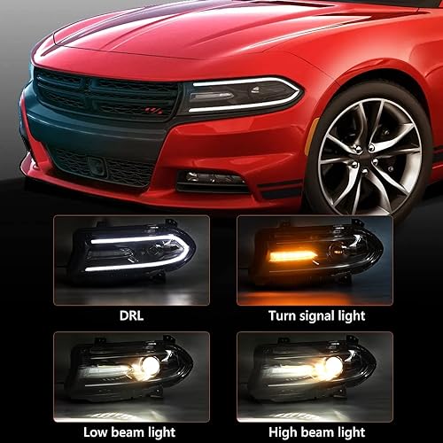 Miniatura 2 de FIONE - Para Dodge Charger Faros delanteros 2015 2016 2017 2018 2019 2020 2021 modelo halógeno con LED DRL y luces intermitentes izquierda del