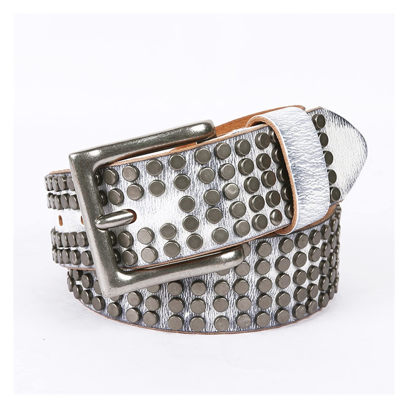 Ceinture Homme, Parker à Cinq Rangs Petite Courroie de rivette Hommes et Femmes Peuvent être la Ceinture de Boucle de Boucle en Cuir Blanc (Color : White, Size : 105CM)