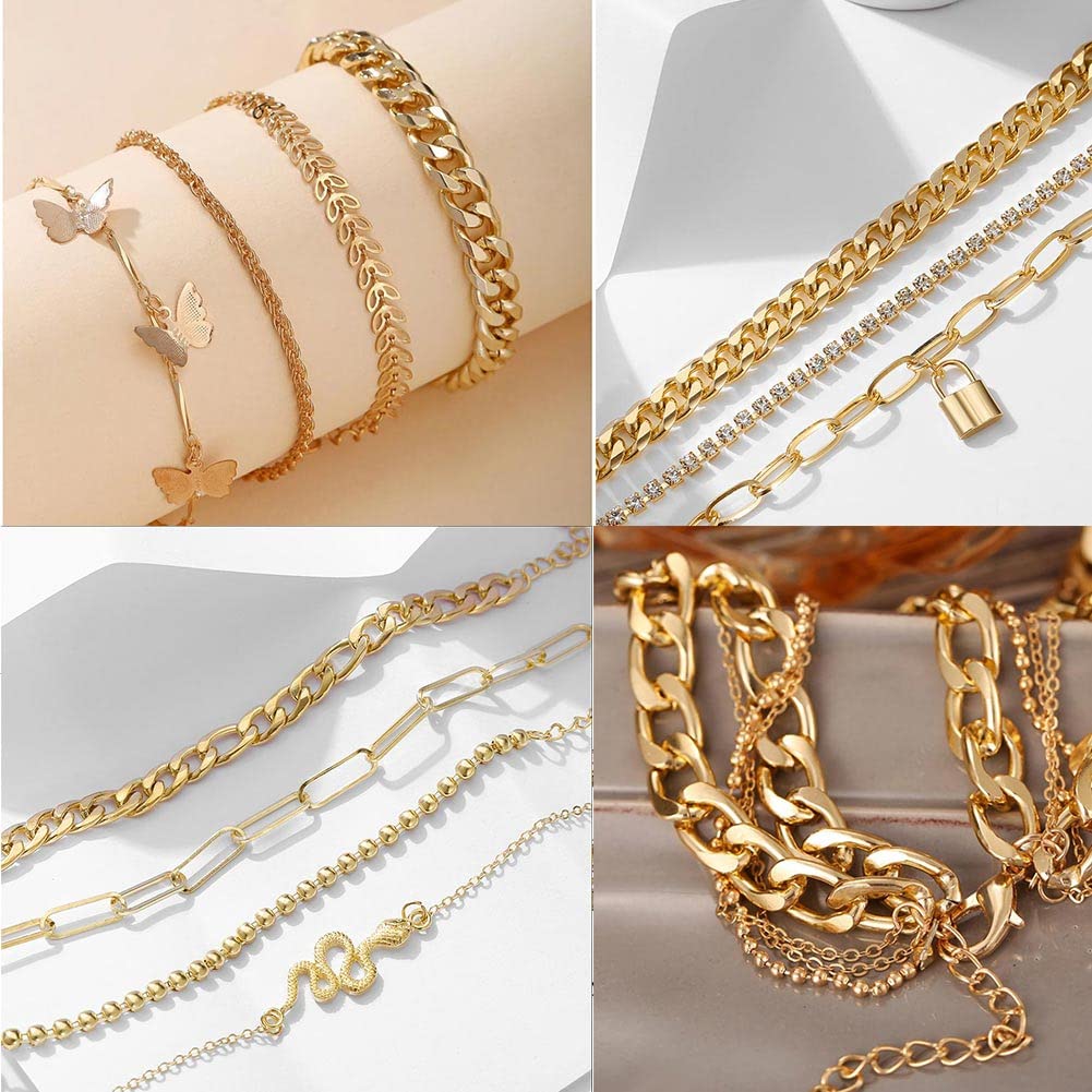 60 PCS Gold Jewelry Set with Multi-Layered Bracelet Necklace, Dangle Earrings, Stackable Ring For Women Valentine Anniversary Jewelry Pack Gifts For Her