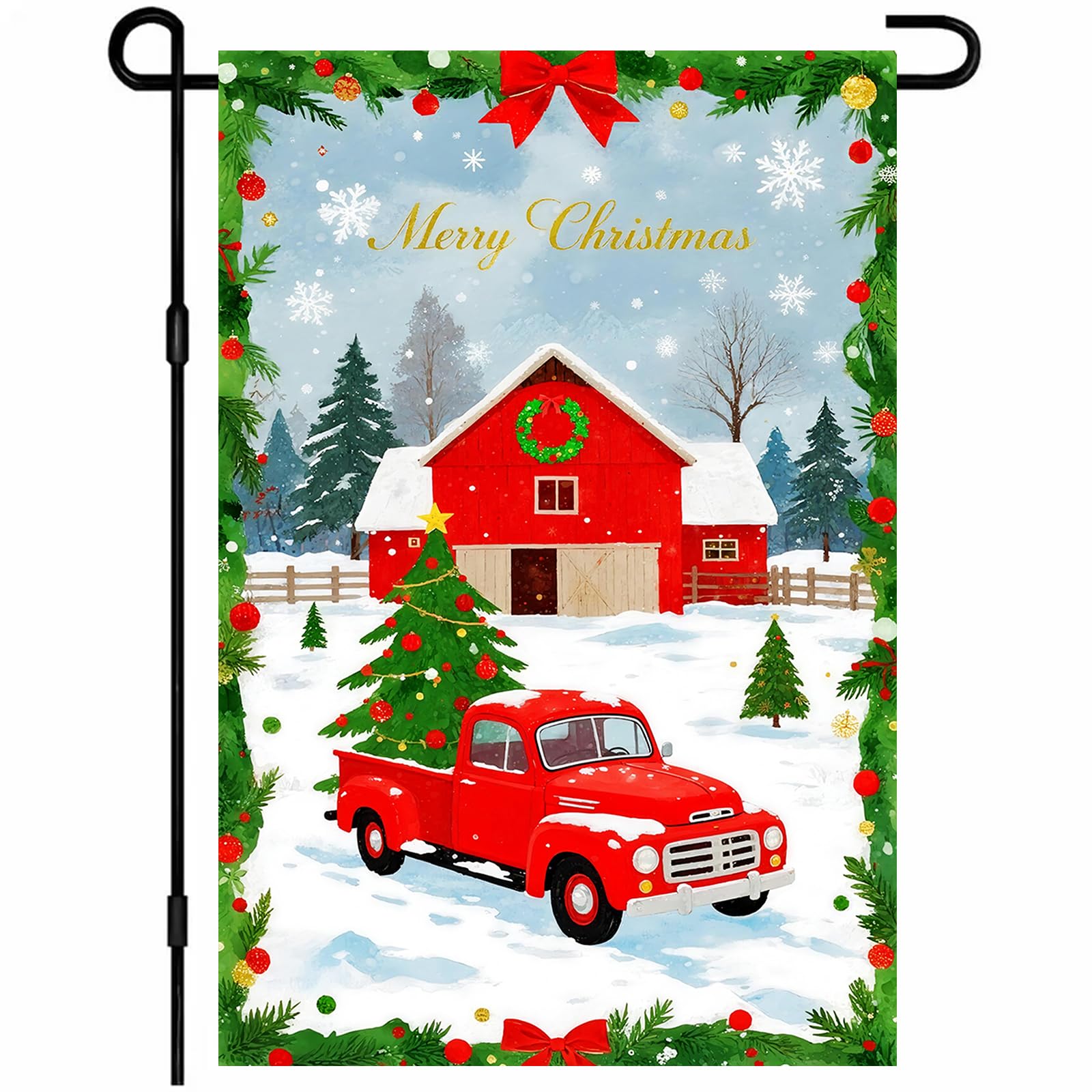 ivn merry christmas garden flag12x18 inch double sided vintage red truck by barn christmas outdoor yard flag for home lawn porch patio farmhouse holiday decor