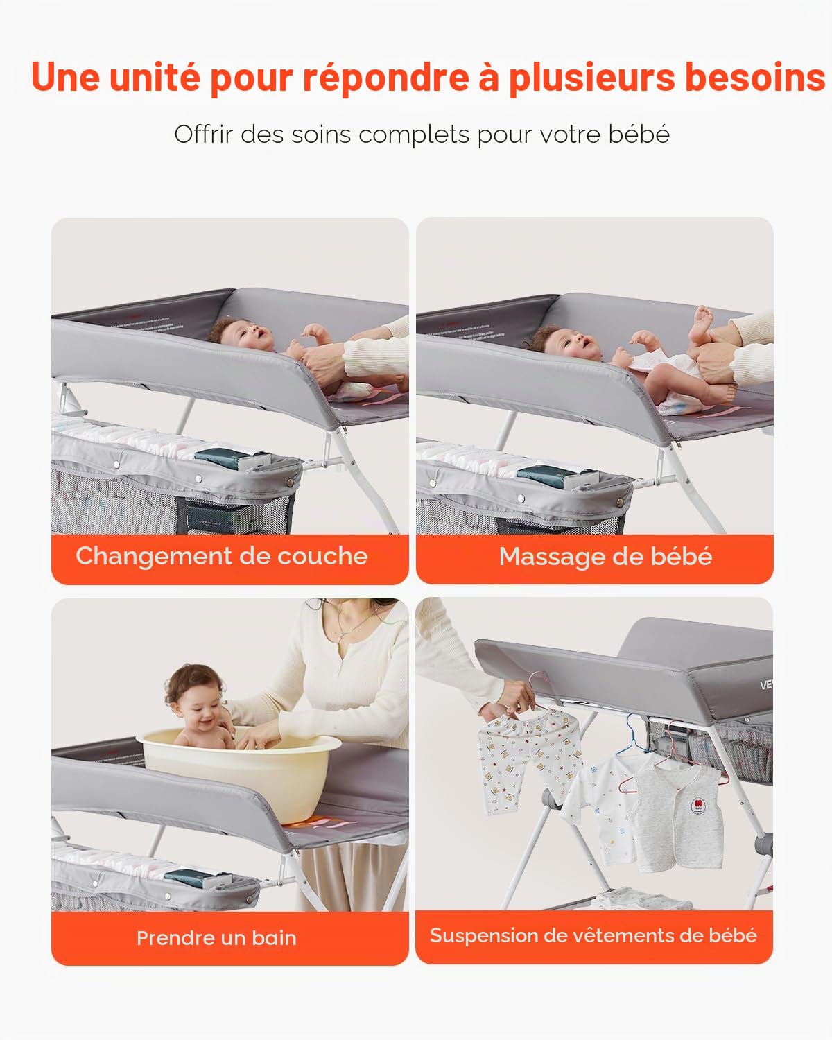 VEVOR Table à Langer Pliante avec Panier de Rangement et Roues Verrouillables Meuble à Langer en Acier au Carbone et Tissu Oxford Portable Charge Max 15 kg Hauteur Réglable pour Bébé 75x105x85-106 cm