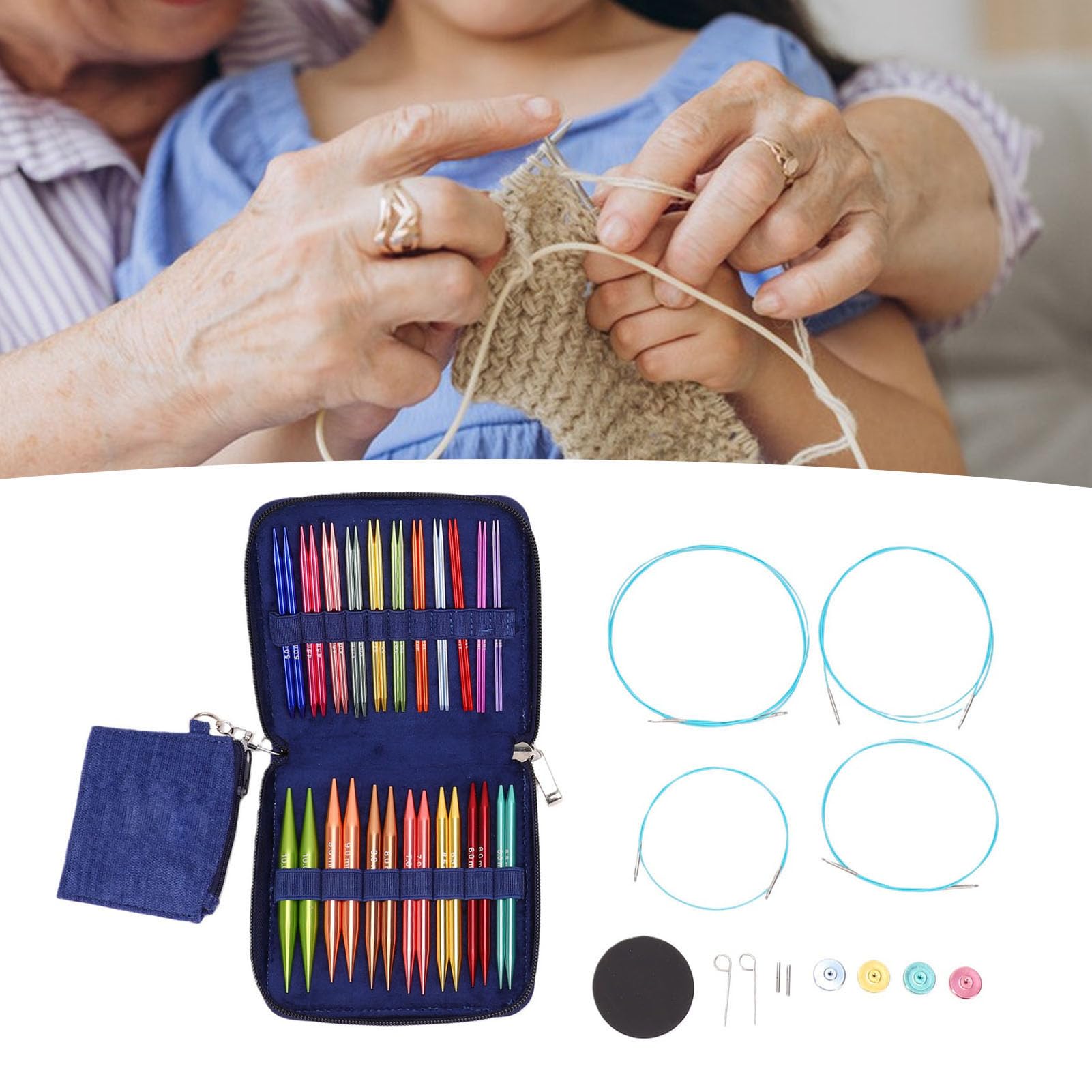 Depisuta Juego de Agujas Circulares Intercambiables, 18 Pares de 10 Cm | Aluminio de 2,0 a 10,0 mm, 4 cables y bolsa de almacenamiento, kit de tejido, accesorios de tejido, herramientas de tejido