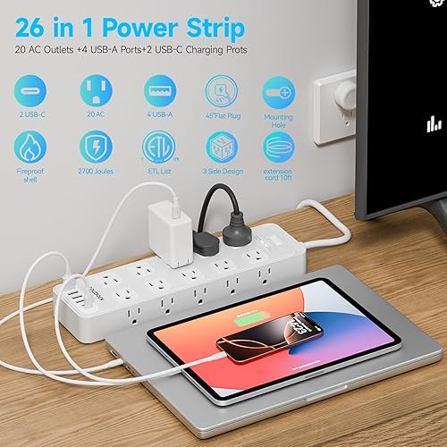 Miniatura 2 de Regleta protectora contra sobretensiones de enchufe plano con 20 salidas de CA, 6 puertos USB, 1875 W15 A, 2700 J, cable de extensión resistente de