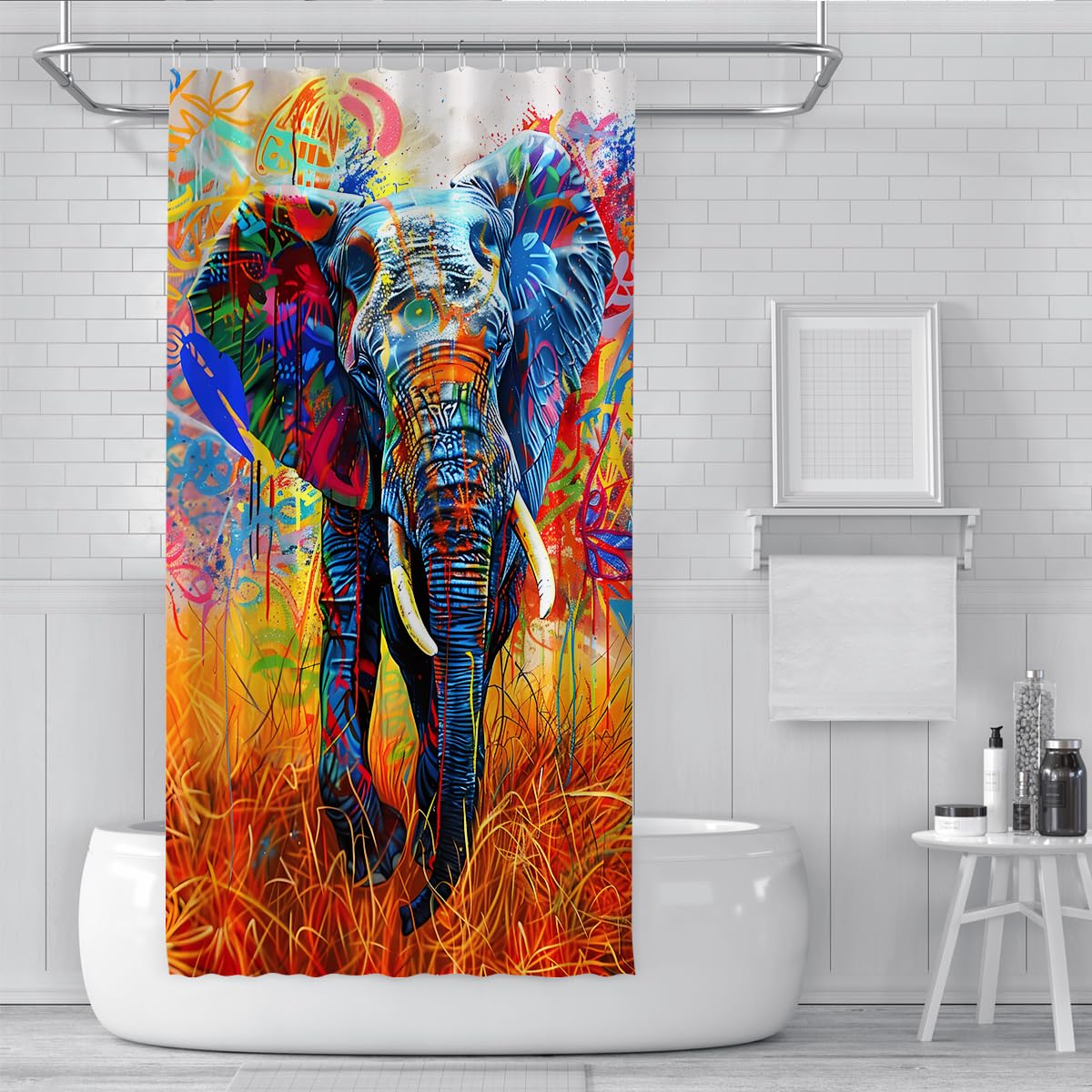 Zeitgenössische Tierkunst Duschvorhang Elefant mit bunten Graffiti-Badewannenvorhängen mit Haken Easy Care Polyester für das Badezimmer 150 x 200 cm