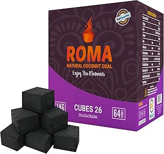 DeNourish ROMA Natural Coconut Charcoal Cubes (26mm) 64 Pcs Shisha Coal Cubes 2 Hours Burning Time- Charcoal Hookah Cube No Smoke No Chemicals Low Ash Perfect for Shisha/Hookah Enthusiasts