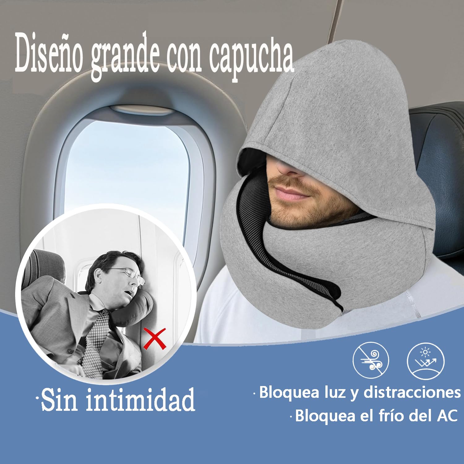 Almohada de Viaje, Almohada de Cuello para avión con Capucha, Soporte de Espuma viscoelástica de 360°, Funda Lavable para Coches, Tren y Oficina (Gris)