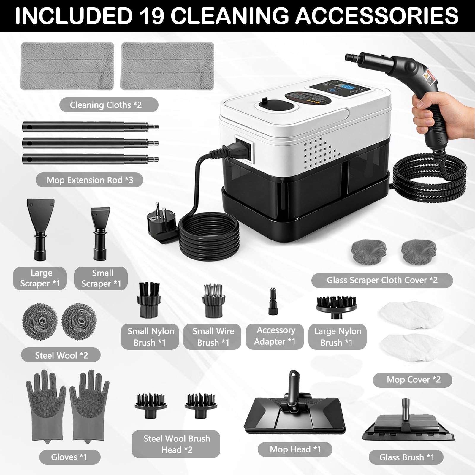 Limpiador a Vapor Portátil, 2500W Potente Limpiador a Vapor para el Hogar, 6 Velocidades Ajustables,19 Accesorios, Depósito de Agua de 1800 ml, Presión de 4 Bar, para Cocina, Ventanas, Pisos, Autos