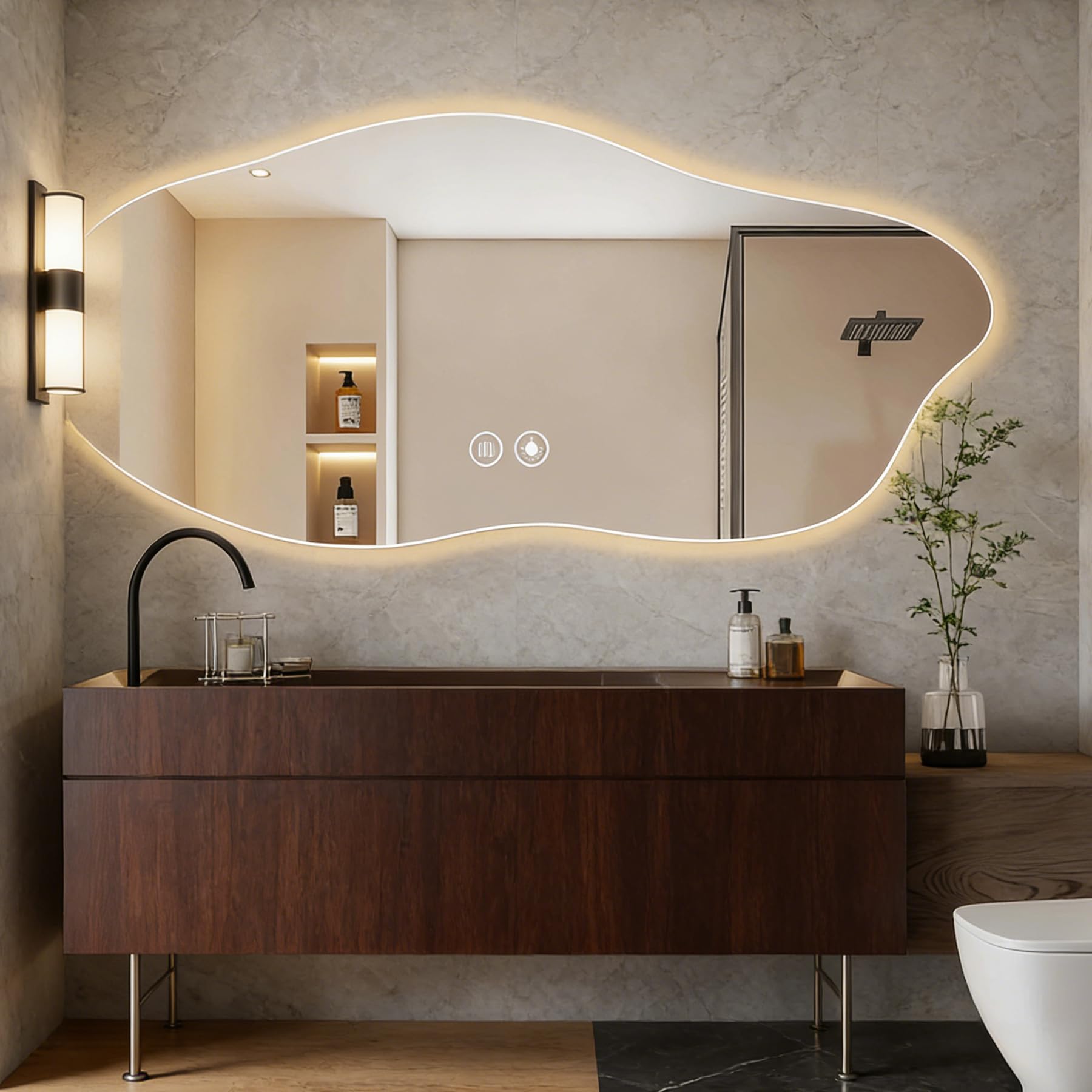 LED Spiegel Bad 120x60cm, Asymmetrischer Beleuchteter Badezimmerspiegel mit Touch-Schalter, 3 Lichtfarben, Dimmbar, Memory-Funktion, Beschlagfreier Wandspiegel, Gehärtetes Glas