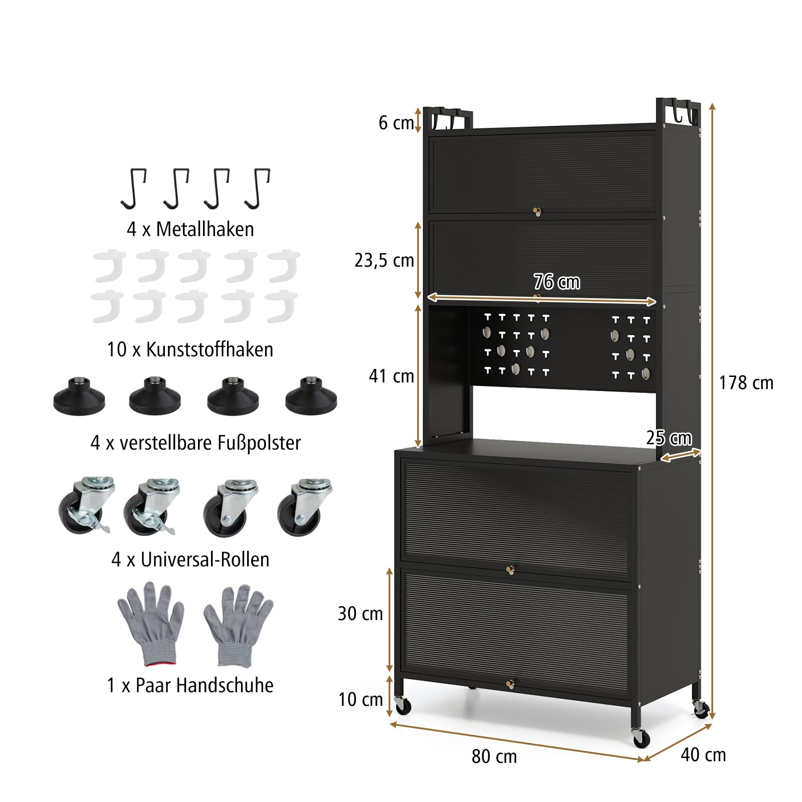 GOPLUS Küchenschrank mit 5/6 Ebenen, Buffetschrank mit Arbeitsplatte & Schränken, Vorratsschrank mit Klapptüren, Haken, Küchenbuffet mit Rollen, Mikrowellenschrank (Schwarz,80 x 40 x 178 cm)
