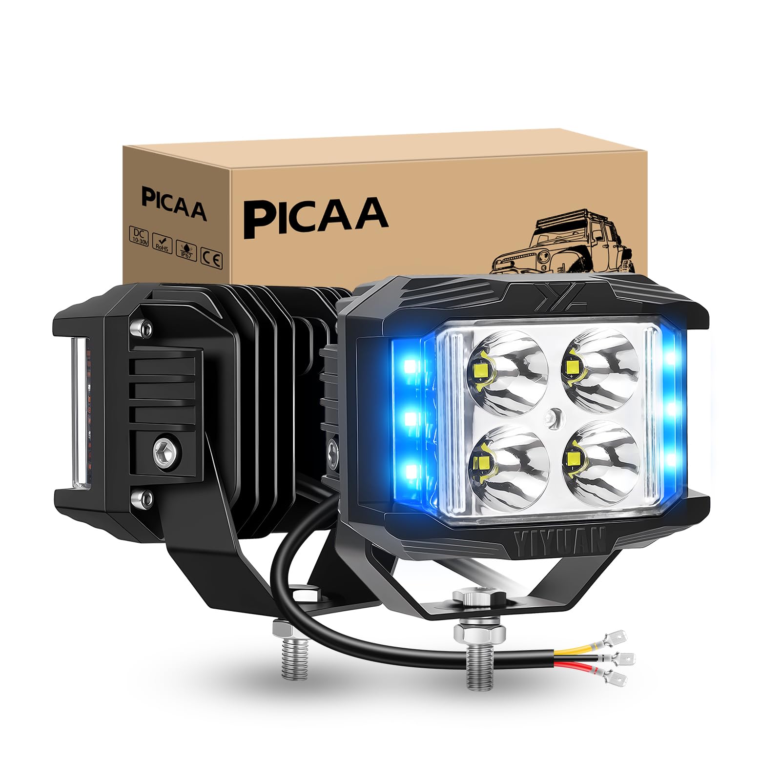 PICAA LED Work Light, 2PCS 4 Inch 35W 3500 Lumens Strobe LED Cube Work Lamp with Side Shooter, Offroad Driving Lamp Spot Flood Fog Light for 12V 24V 4WD Truck 4x4,Blue&White