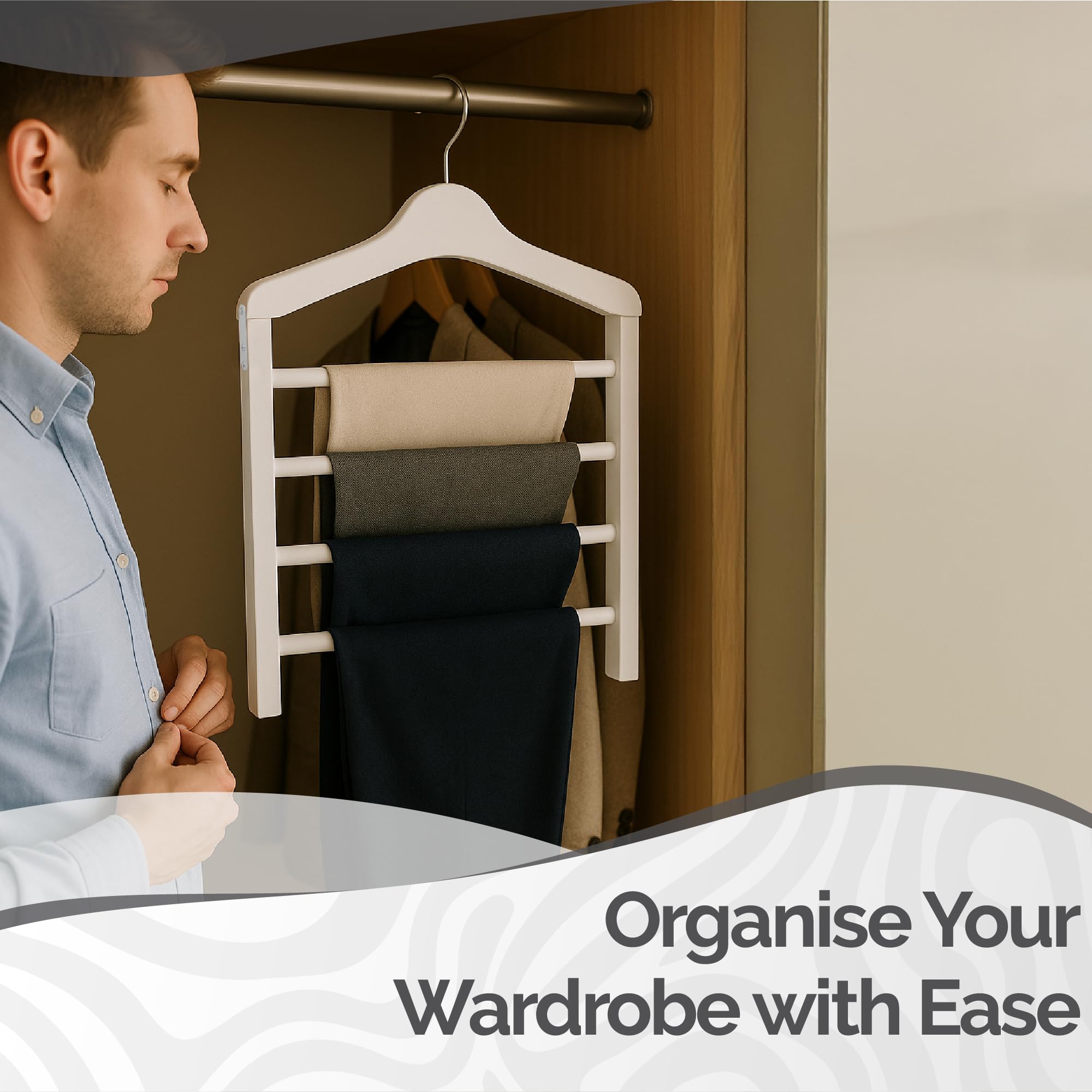 Hangerworld Paquete de 3 perchas de madera blanca para pantalones, organizador multifuncional de almacenamiento de ropa de 4 niveles con barras antideslizantes