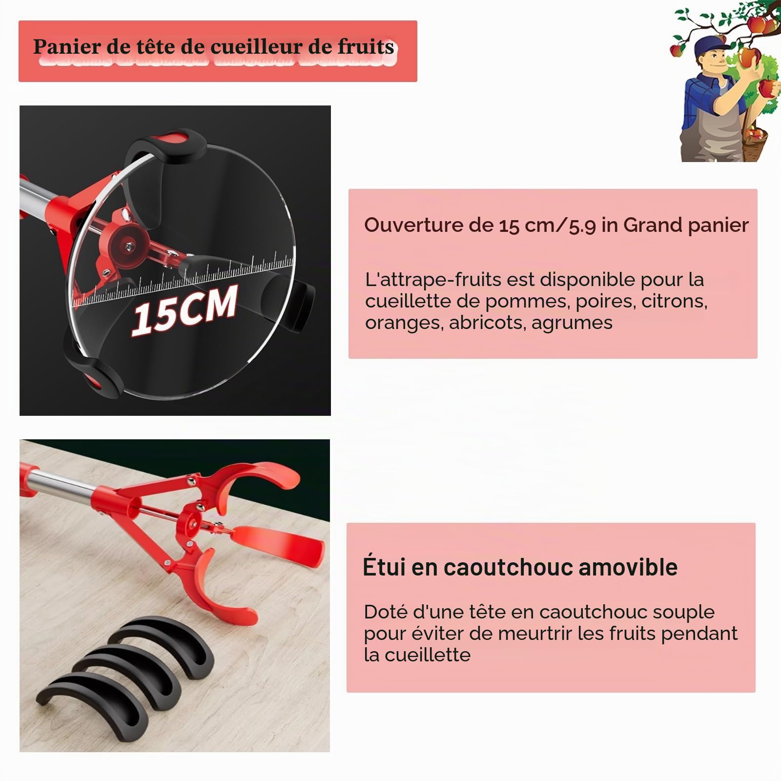 AMUFJJ cueille Fruit telescopique Pomme Pince À Fruits Télescopique en Aluminium, pour Mangues, Avocats, Oranges, Pêches Et Figues, avec Ouverture De 15 Cm.(3.3ft (1m) - 4.9ft (1.5m))