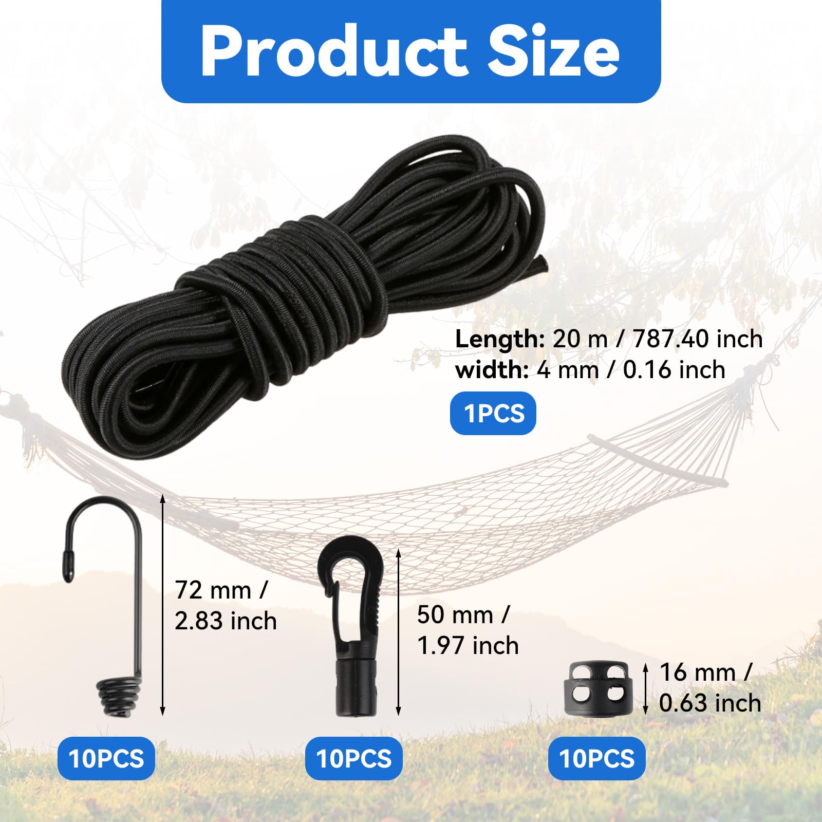 Wielofunkcyjna linka paracord, czarna lina polipropylenowa, 20 m, odporna na zużycie, ze spiralnym hakiem, plastikowym hakiem, klipsem gazowym, kablem spadochronowym, do ogrodu i domu