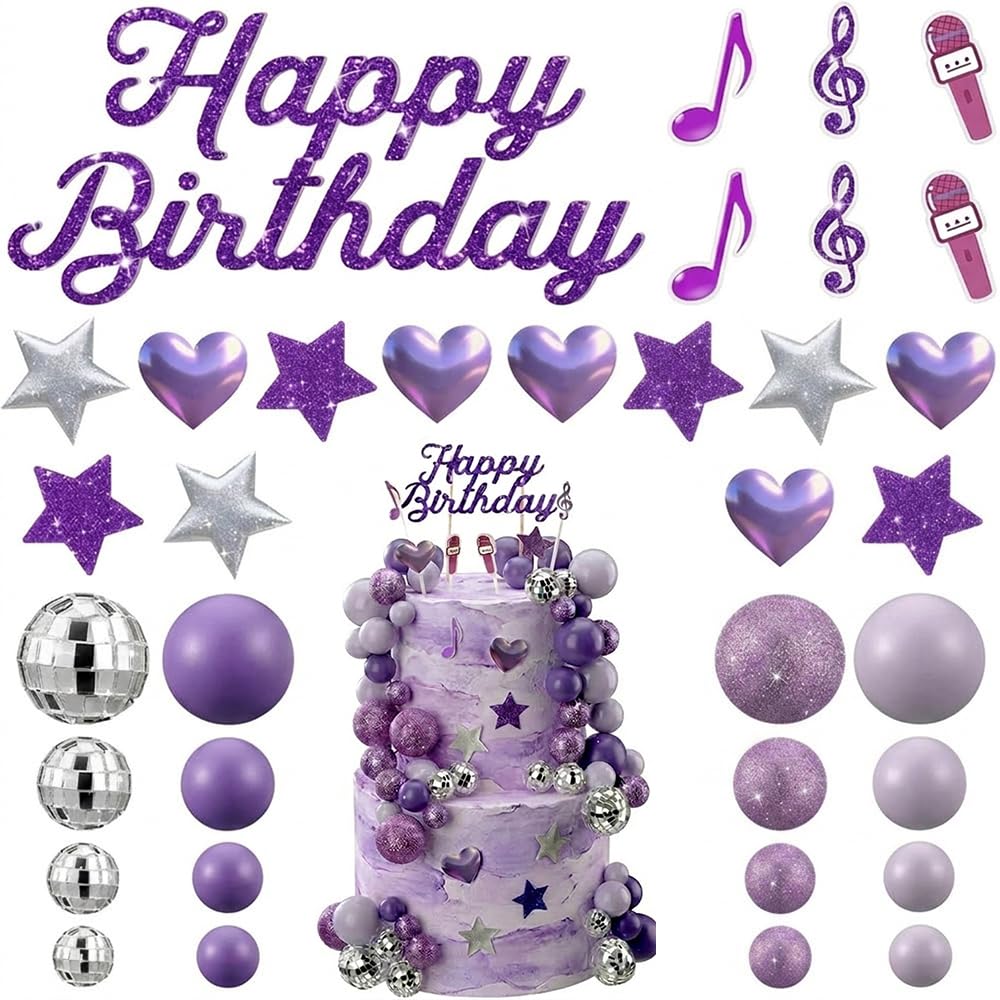 32Pcs Disco Balls Cake Toppers, Glitter Happy Birthday Sign with Silver Disco Balls, Star and Heart Picks, 80s Musical Note Party Decorations for Birthday Party Decorations