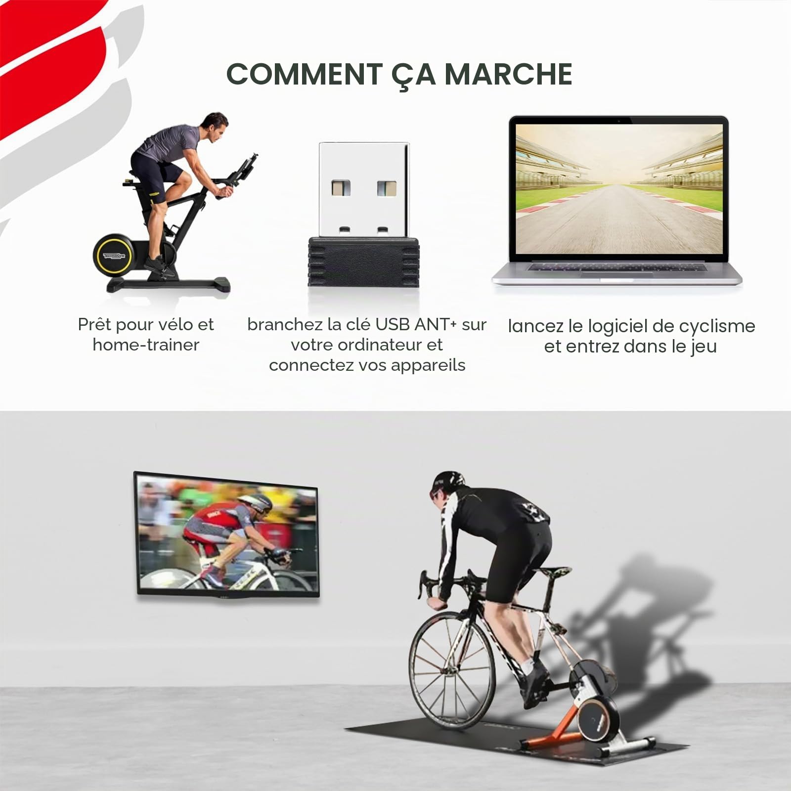 FITCENT Ant+ Dongle pour Zwift Garmin Forerunner Sunnto PerfPRO Studio Rouvy BKOOL TacX Peloton CycleOps TrainerRoad Ant+ Clé USB pour entraîneurs de vélo