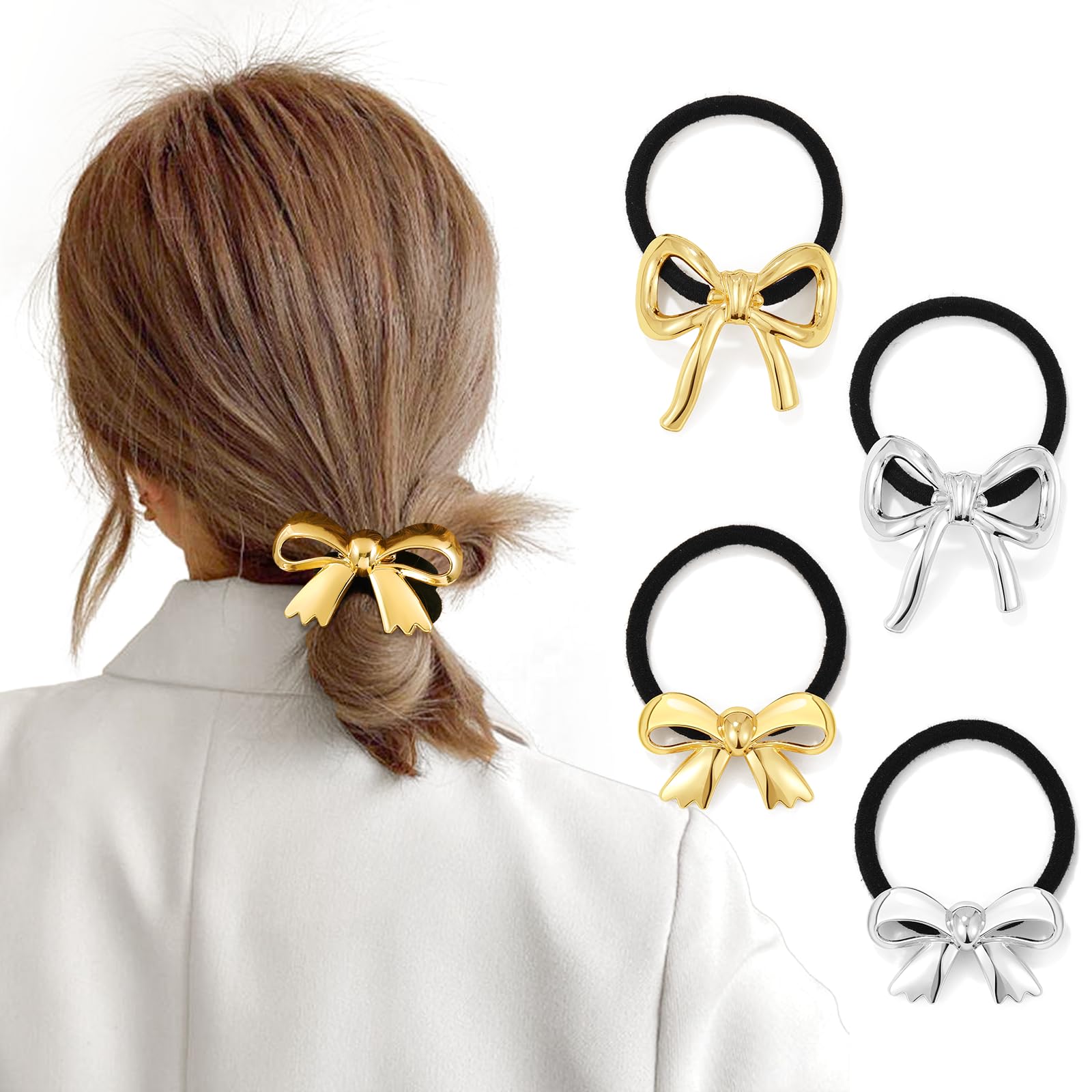 CWJCYTNSN 4 PCS Ponytail Holders Gold Hair Accessories for Women Fashion Elastic Hair Ties Bowknot for Thick Thin Hair Silver Ponytail Cuff for Girls