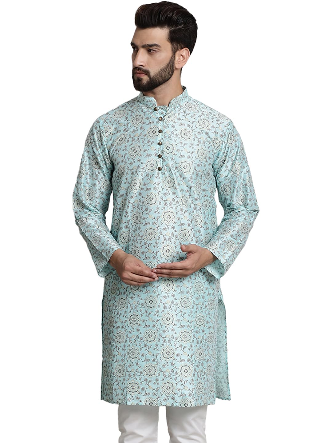 Sojanya (Since 1958 Men's Silk Blend Sea Green Color Print Design Only Long Kurta