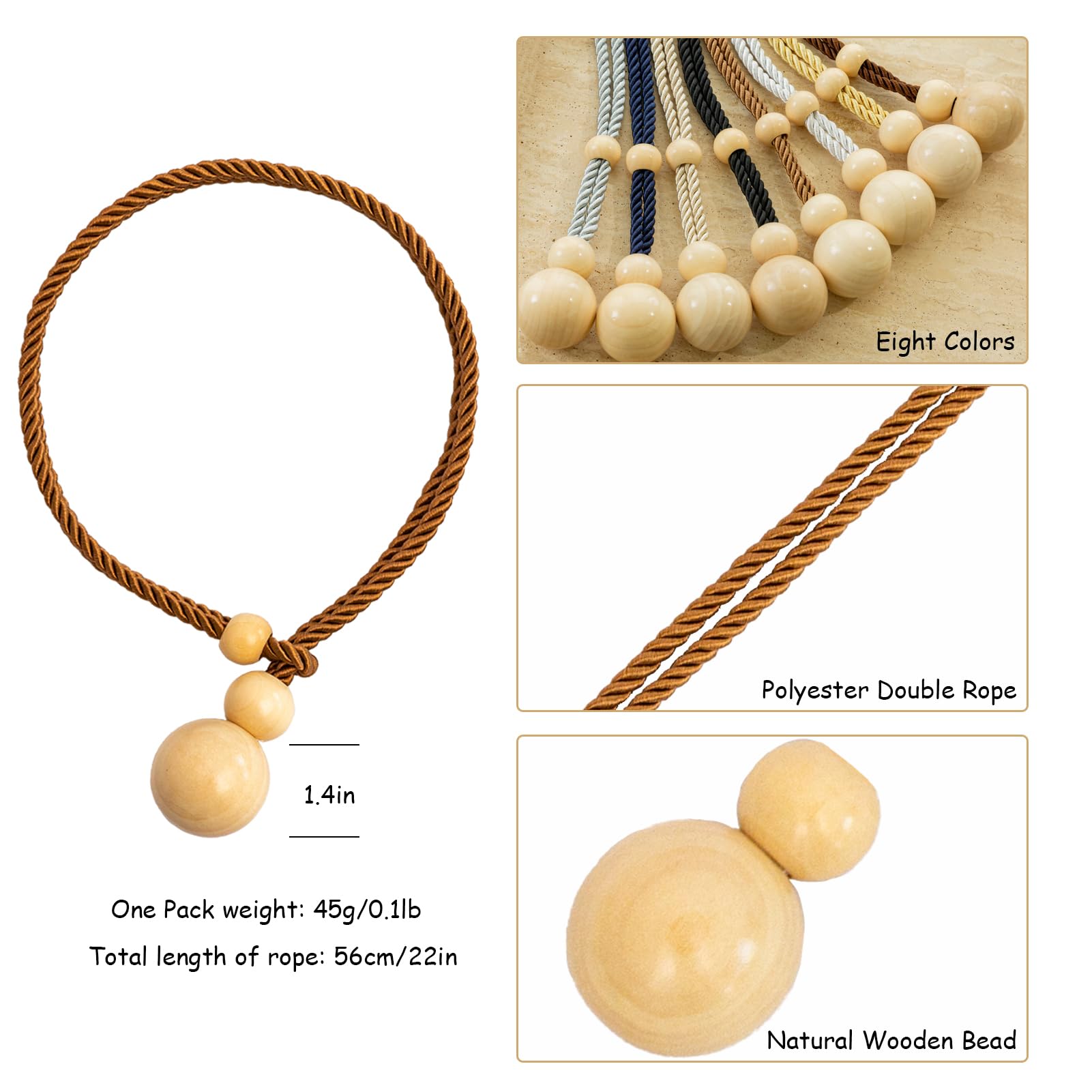 Contoeey Elegant Curtain Tiebacks Rope Drape Tie Back Holder Natural Curtain Ties Window Treatment Holdbacks Wooden Balls,Khaki 2pack