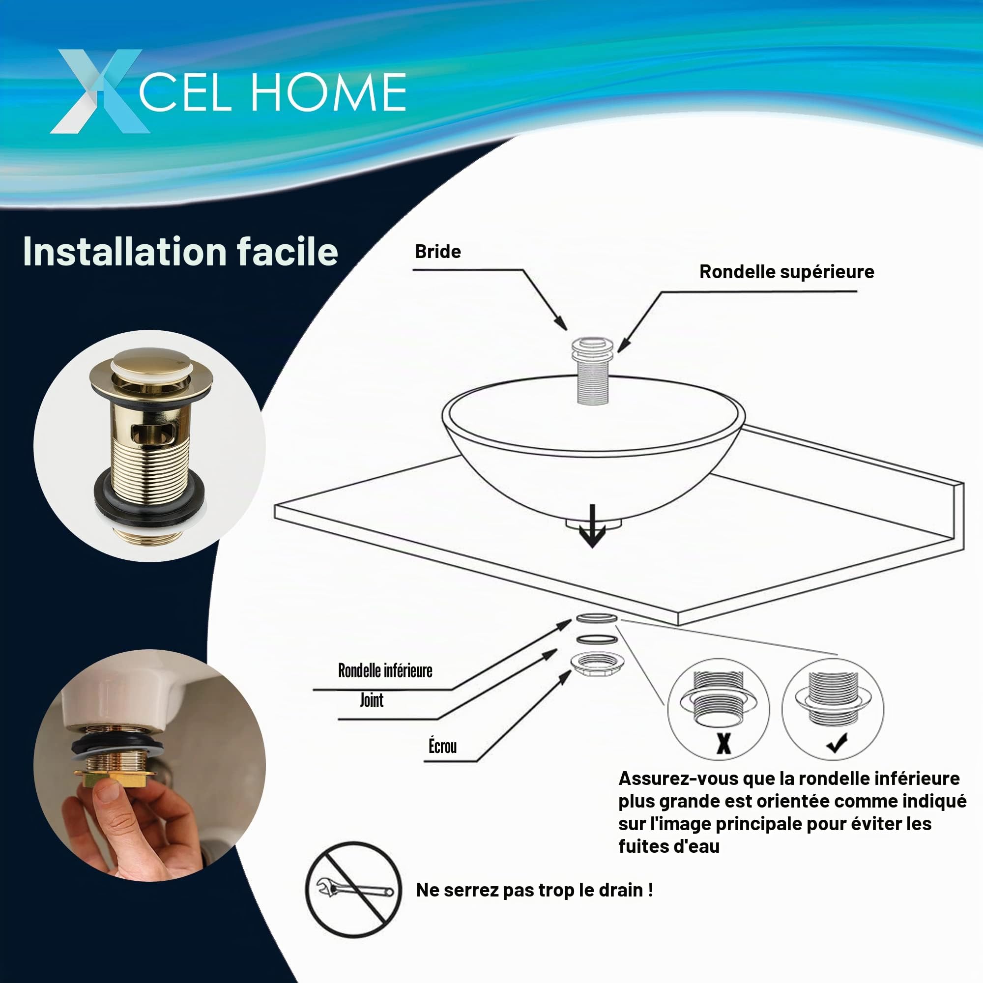 Bonde de lavabo clic-clac dorée | Remplacement idéal de remplacement rond en laiton | Norme britannique G 3,2 cm BSP | 1 pièce (Standard | Or brossé)