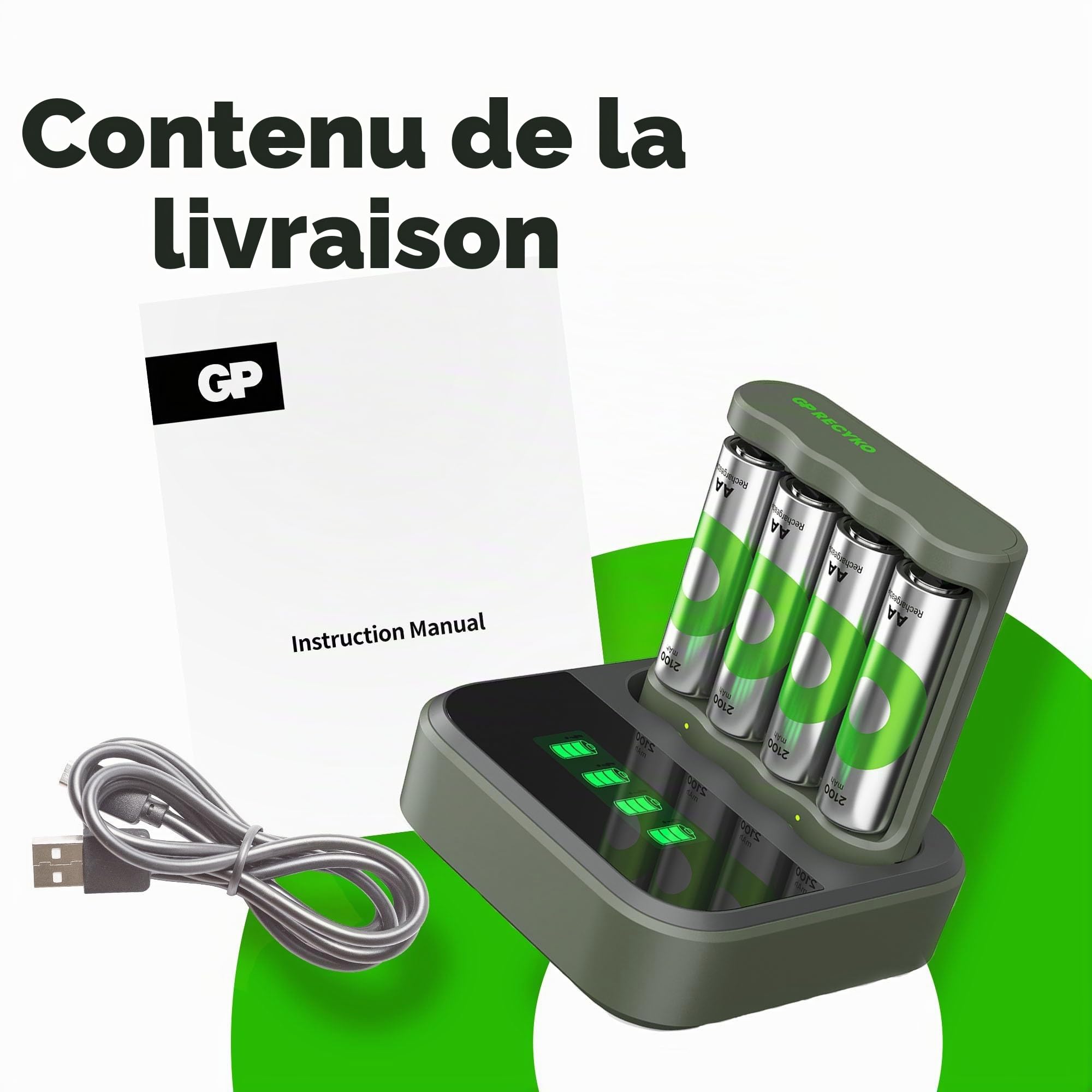 GP ReCyko B441 Chargeur de Batterie USB avec 4 Piles ReCyko AA 2100 mAh et Station d'accueil USB, Chargeur de Batterie AA AAA avec voyants LED