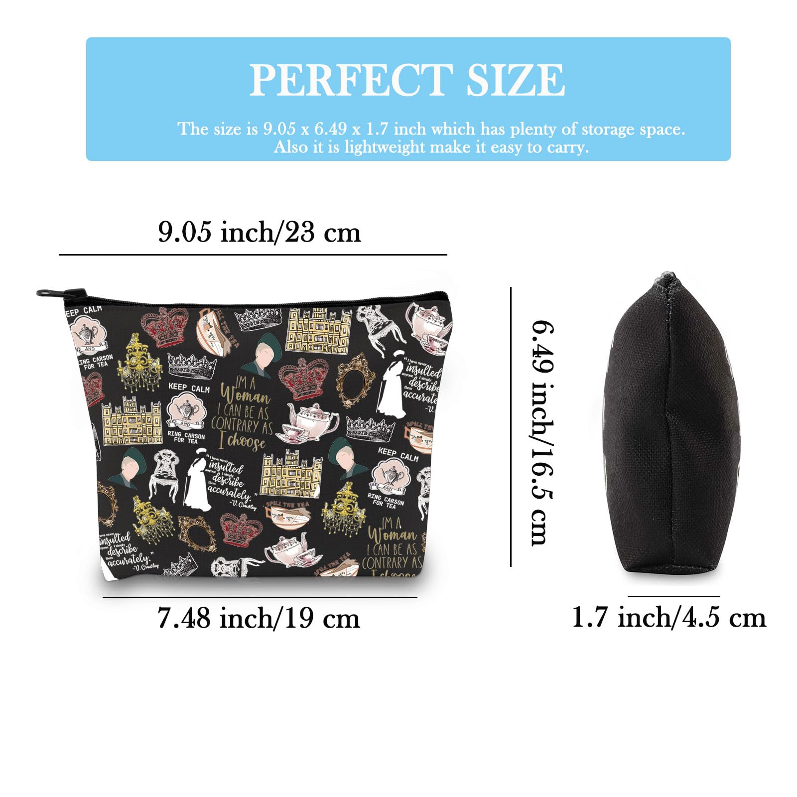 TV Show Inspired Gift V. Crawley Quote Inspired Gift TV Show Merchandise Zipper Pouch Makeup Bag for Fans Women Girls (Downton TV Pattern BLK EU) - Image 2