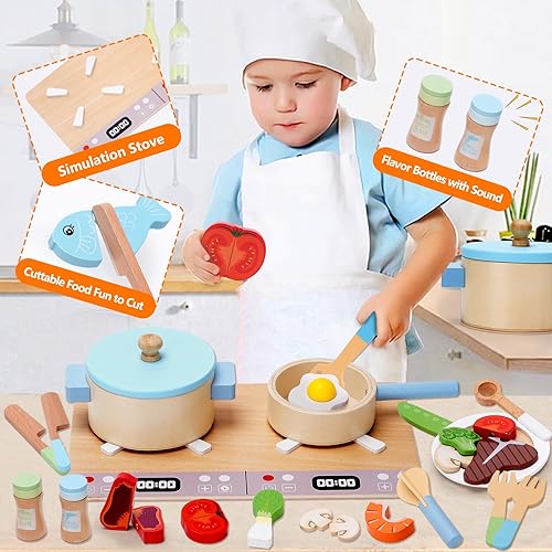 Miniatura 6 de Juego de accesorios de cocina, juego de cocina de madera, juego de cocina de juego de simulación para niños, incluyendo estufa, ollas y sartenes,