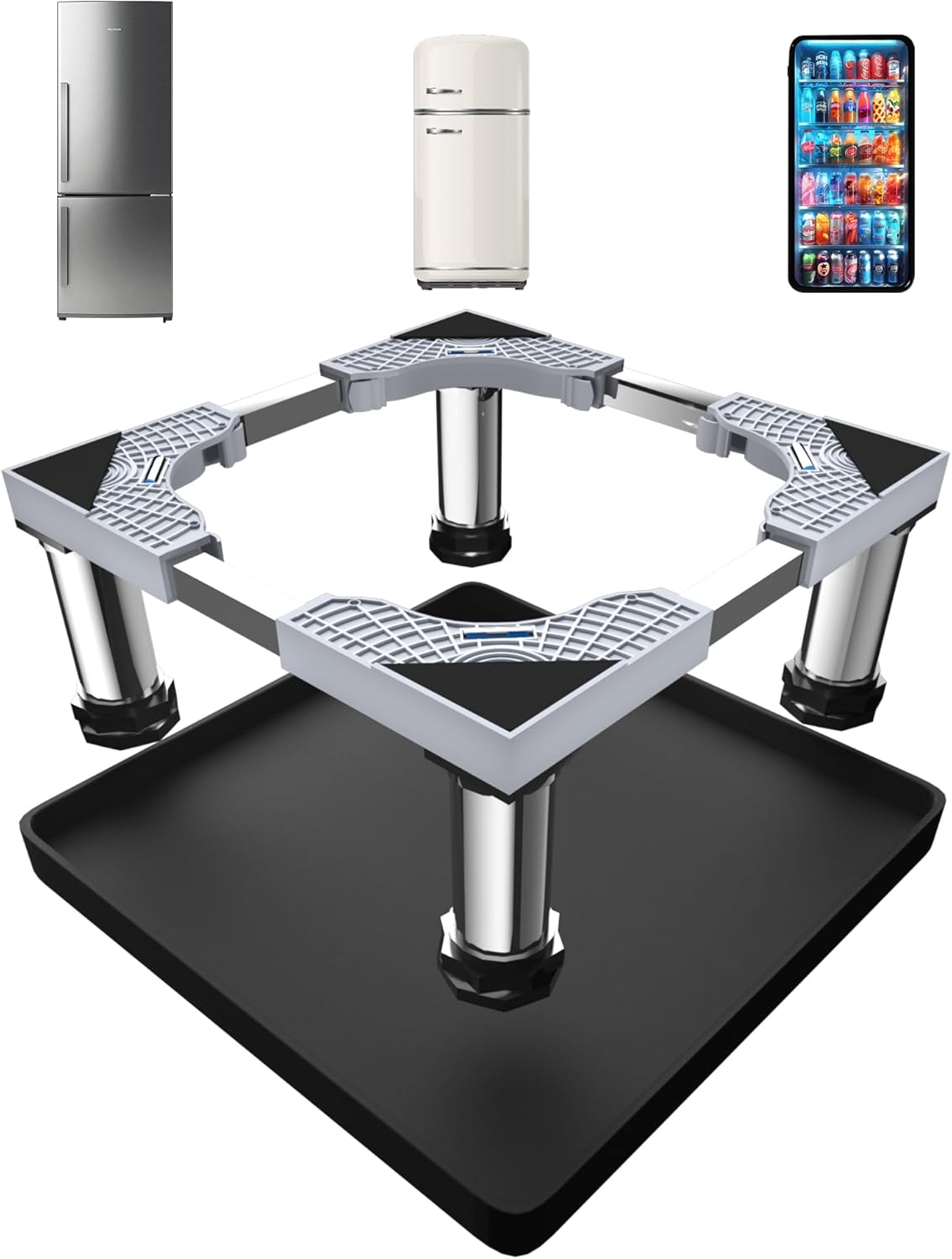 Mini Fridge Stand with Silicone Mat, Adjustable Refrigerator Stand with 4 Stainless steel Feet, 24''x 24'' Dorm Fridge Stand Protect From Appliance Leaks for Fridge, Washer, Dryer