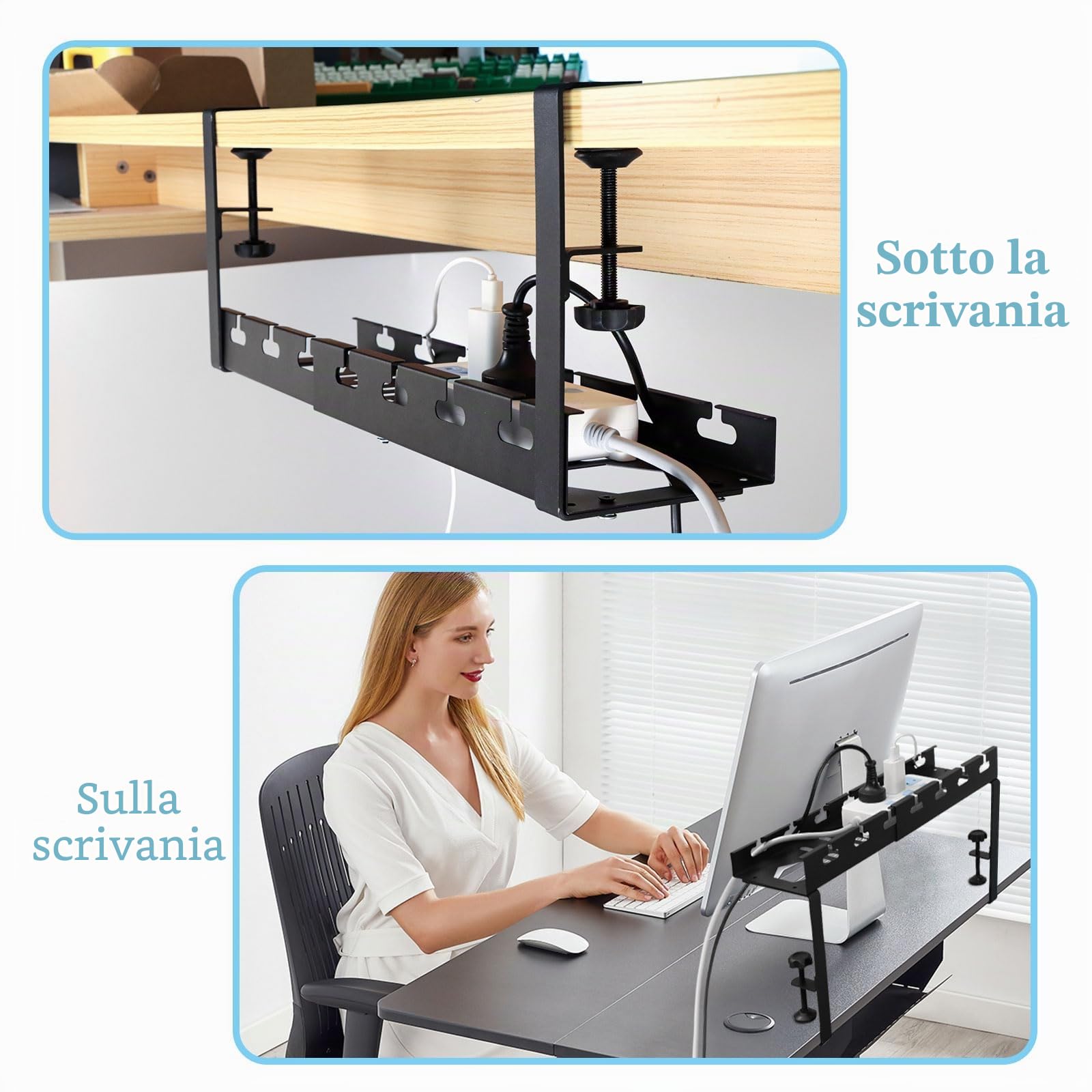 seOSTO Porta Cavi Scrivania, Retrattile Raccogli Cable Management Scrivania, Senza Forare Nascondi Ordinati Raccogli Cavo con Accessori, Organizer per Ufficio e Casa