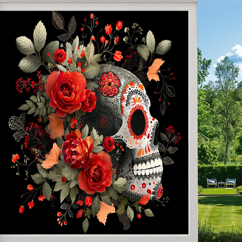 Floral Skull Privacy Window Film, Colorful Horror Bones Gothic Frosted Self-Adhesive Vinyl Cling for Glass Doors Bathroom Windows Sun Blocking Heat Control, （55x120cm）