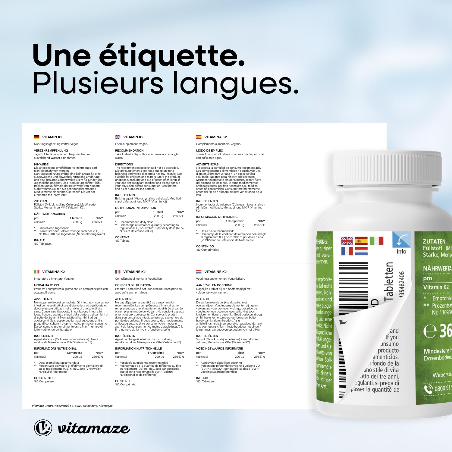 Vitamine K2 MK-7 à Fort Dosage, 200 mcg Ménaquinone pour 6 Mois - 180 Comprimés Vegan - Qualité Allemande, Complément Alimentaire sans Additifs Inutiles