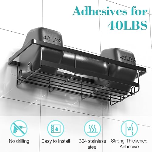 Miniatura 5 de Mycuppca Organizador de ducha, paquete de 2 organizadores adhesivos de ducha de baño, estantes de ducha negros con ganchos, estante de ducha de