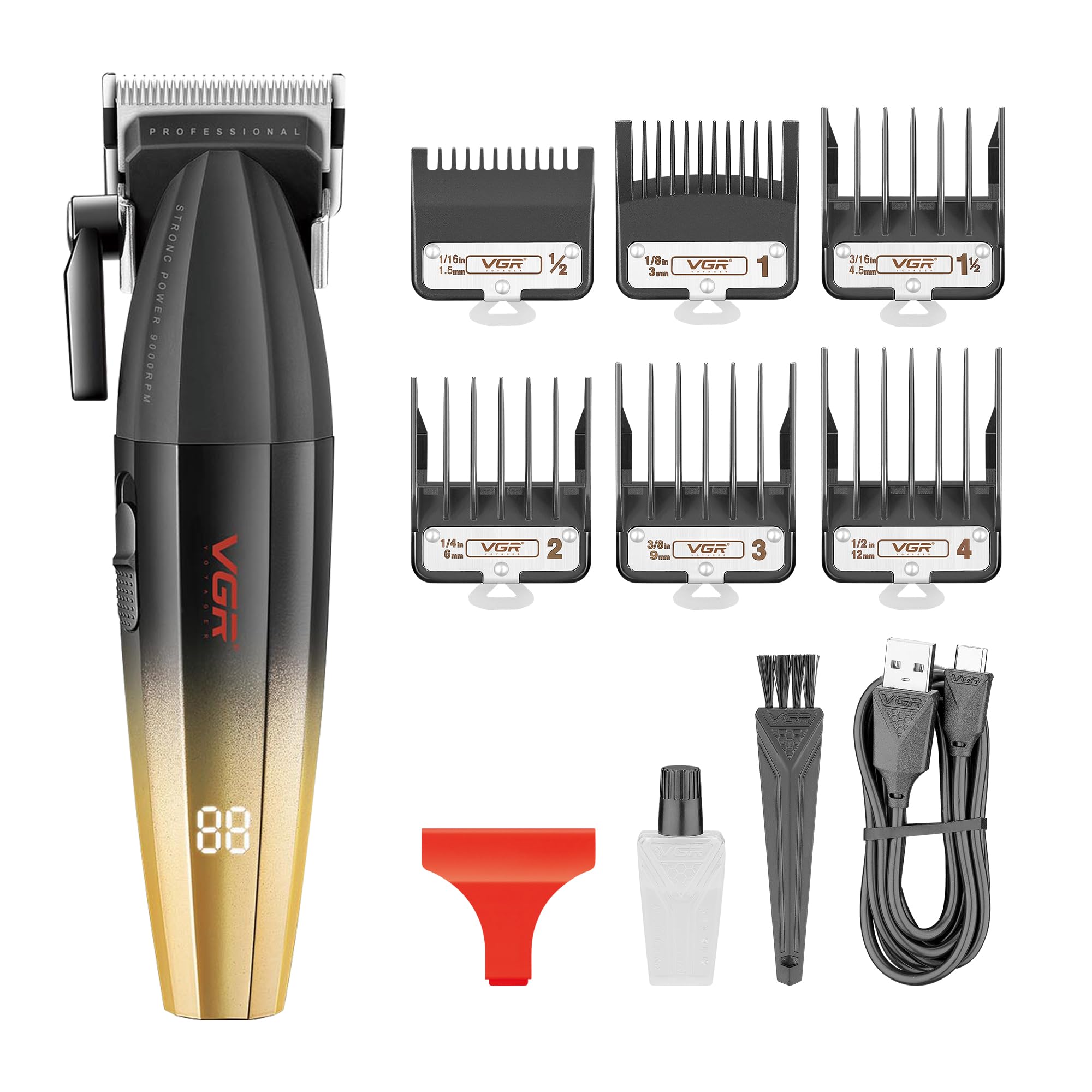 VGR Tagliacapelli professionale da uomo, kit senza fili, 9000 giri/min, macchina da barbiere per taglio di capelli da uomo, tagliacapelli lungo, leva conica, ricaricabile tramite batteria USB-C da 250