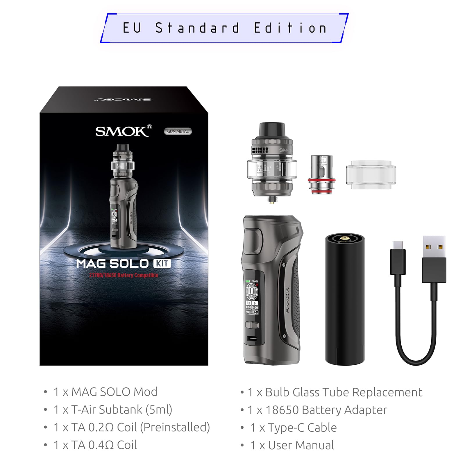 SMOK Mag Solo Mod Kit 100W T-Air Tank 5 ml 21700 18650 ohne Akku Schwarz | TA 0,2 Ohm und 0,4 Ohm Coils, auslaufsicheres Top-Fill-System, TFT-Display, USB-C-Laden, ohne Nikotin