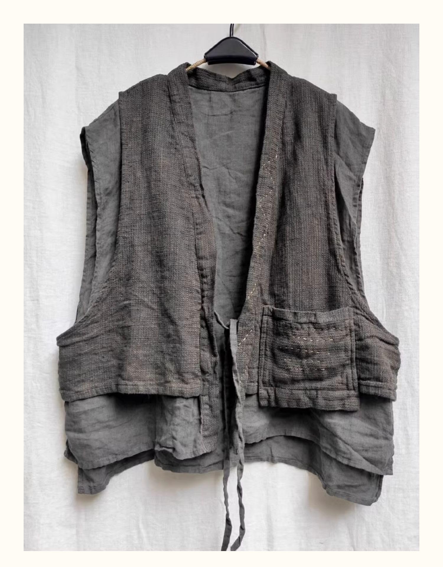 NFYM Gilet in lino senza maniche aperto davanti Kimono Cardigan Hippie Gilet vintage con tasche