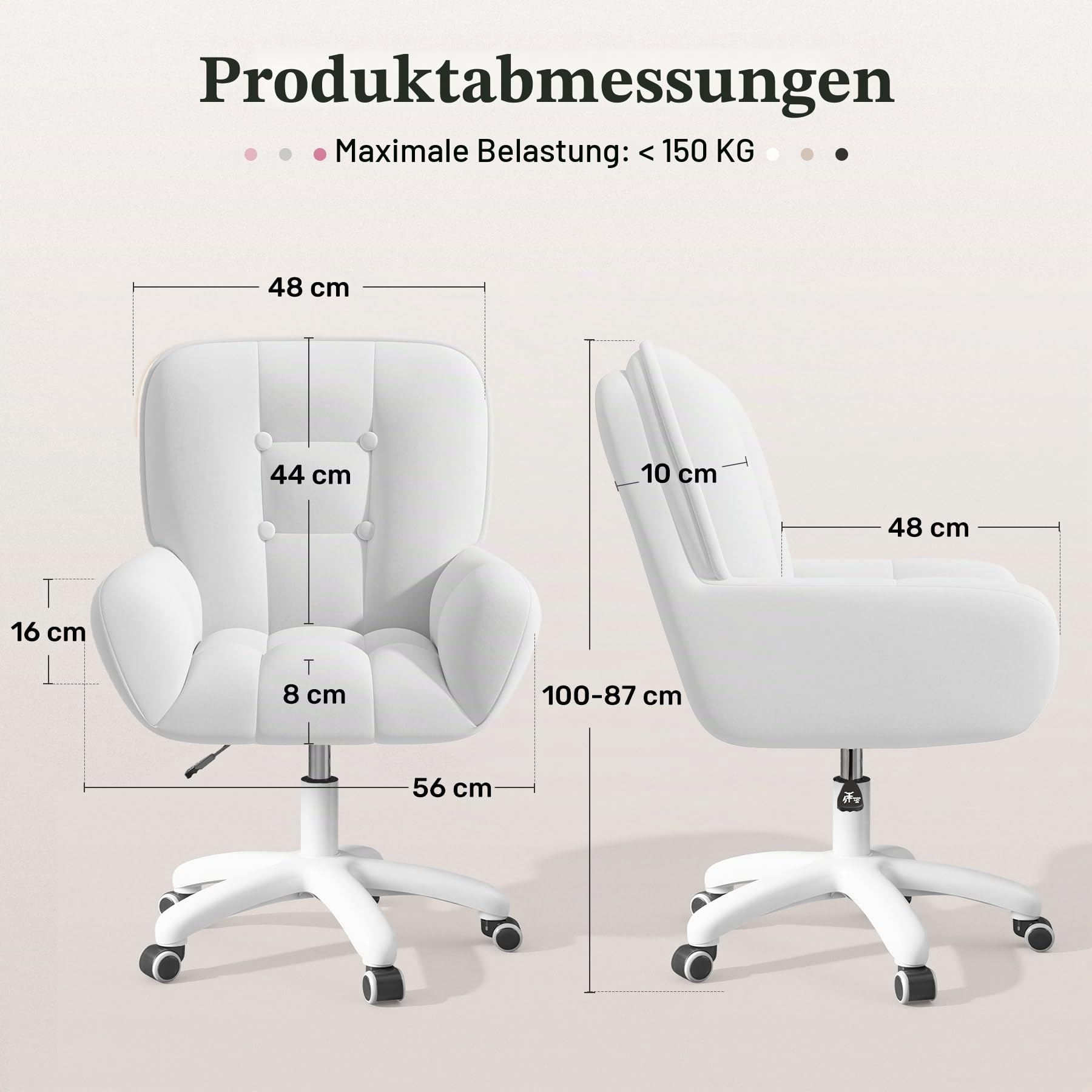 Homeoffice & Schminkstuhl 2-in-1 Ergonomischer Samt Drehstuhl 360°, Höhenverstellbar für Arbeitszimmer Schlafzimmer Weiß | Höhenverstellbar,360°Drehfunktion, bis 150kg,Samtbezug,Homeoffice Stuhl,Schminktischstuhl, Schlafzimmer,Arbeitszimmer