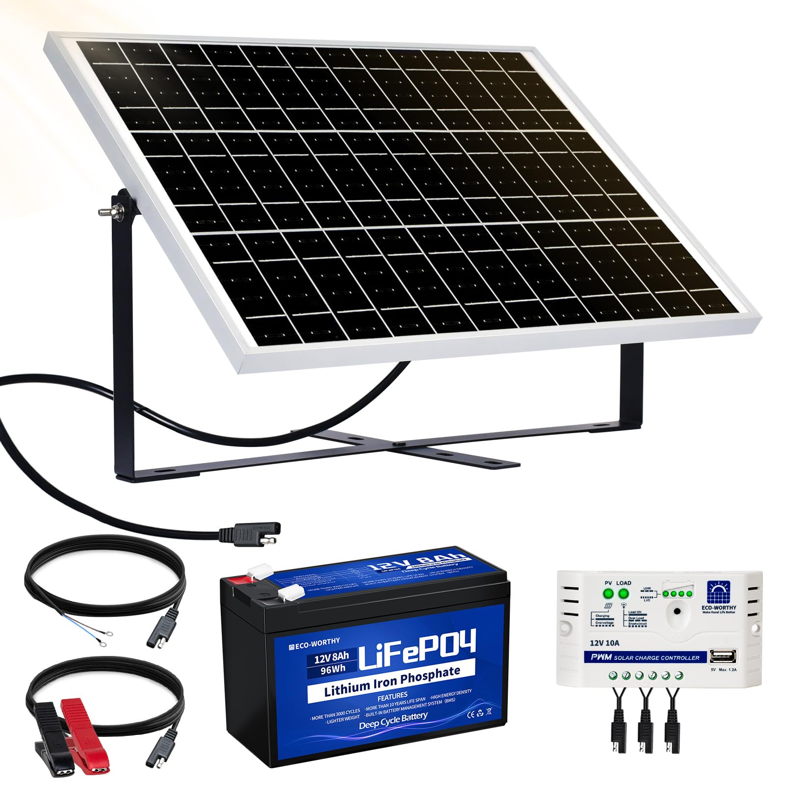 ECO-WORTHY 25W 12V Complete Solar Panel Kit: 25W Solar Panel + 8Ah Lithium Battery + 10A Controller for Off-Grid System/Chicken Coop/Automatic Door/Water Pump/DC Appliance