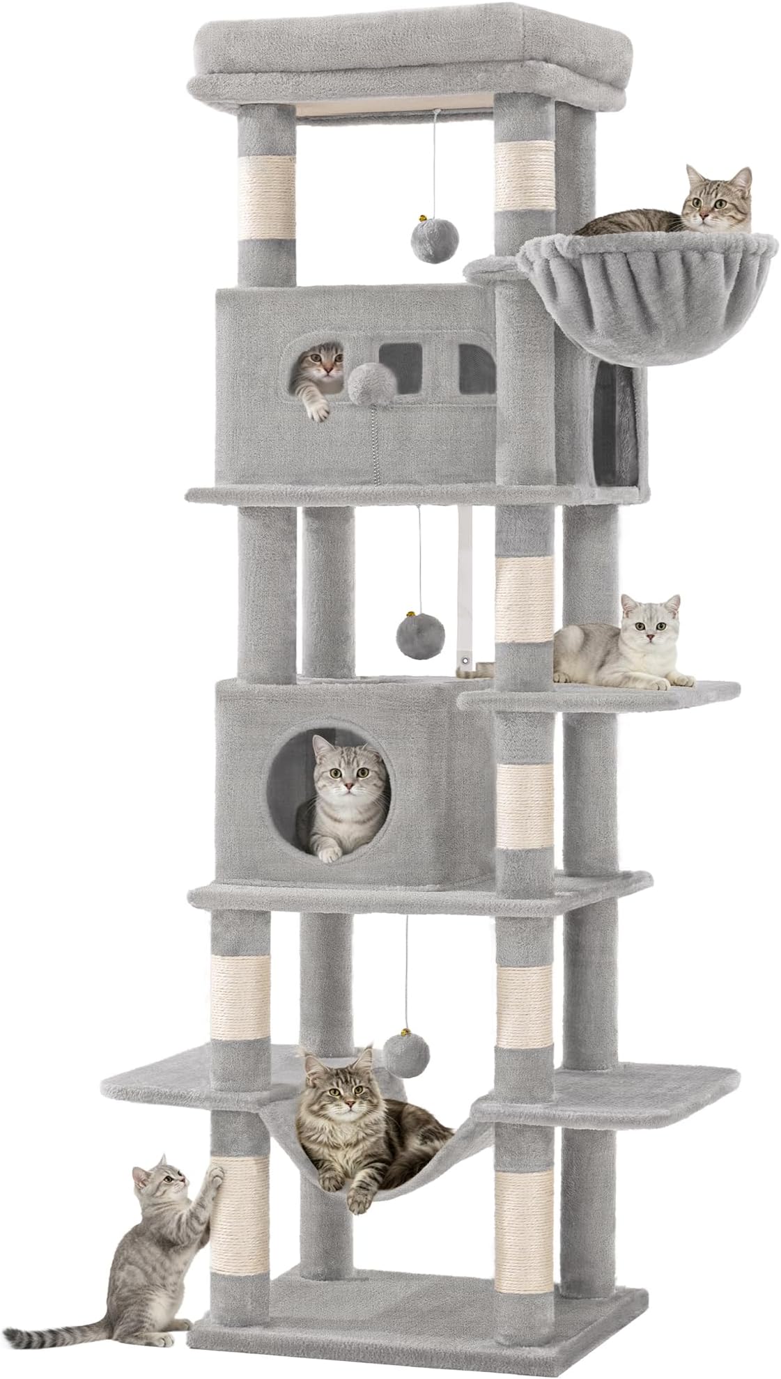 Hzuaneri Cat Tree for Indoor Cats, 210 cm Large Tall Cat Tower, Light Grey