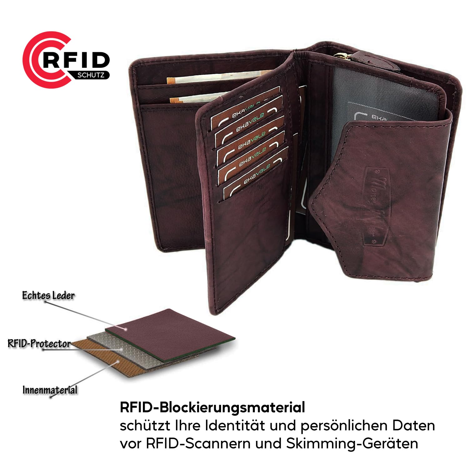 ekavale Geldbörse für Damen mit Druckknopf-Überschlag RFID weiches Leder (Bordo)