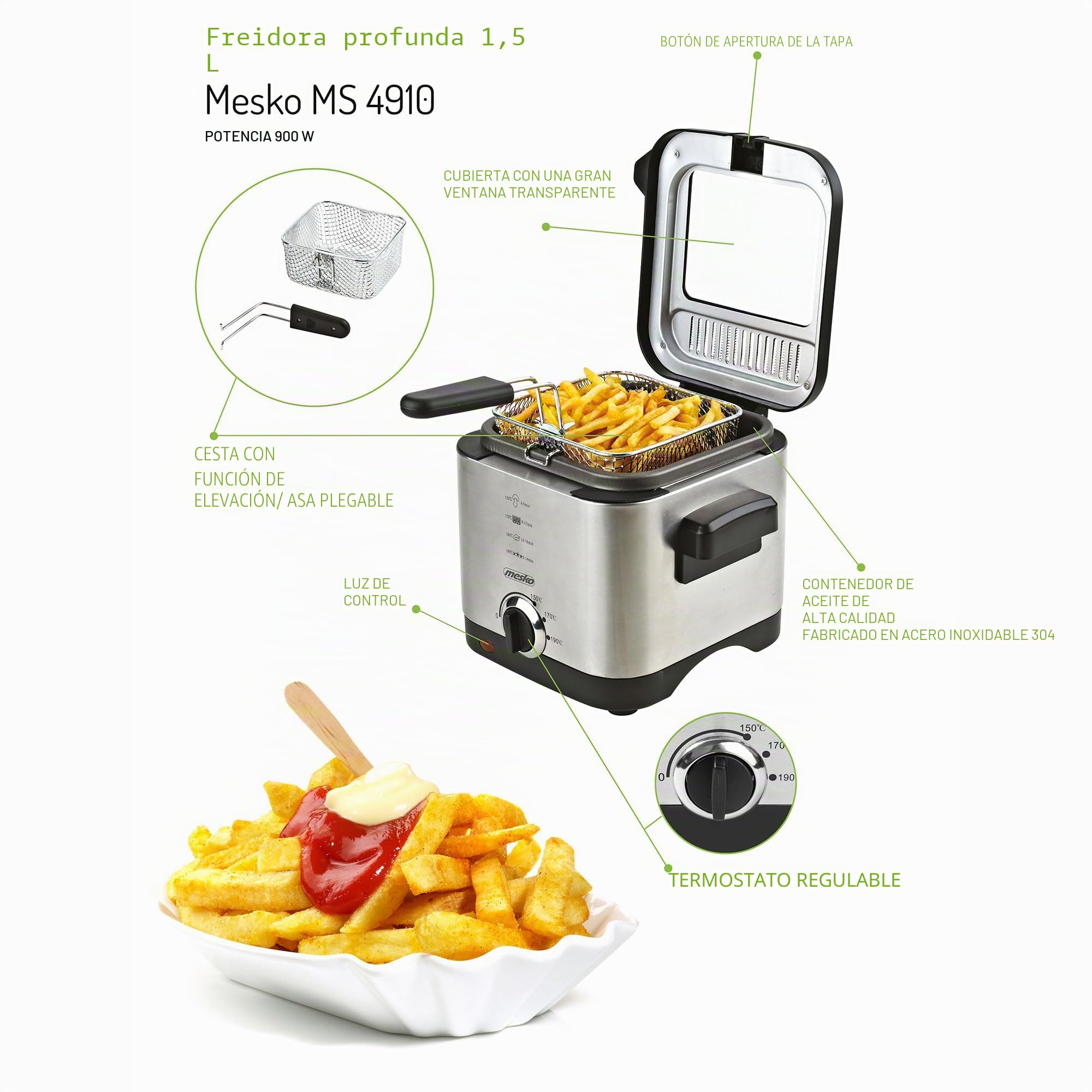 Mesko MS4910 Freidora Aceite Eléctrica 1,5 Litros, Pequeña, Temperatura Ajustable, Cubeta Antiadherente, Tapa con Filtro Antiolor y Ventana de Control, Fácil Limpieza, 900W, Acero Inox