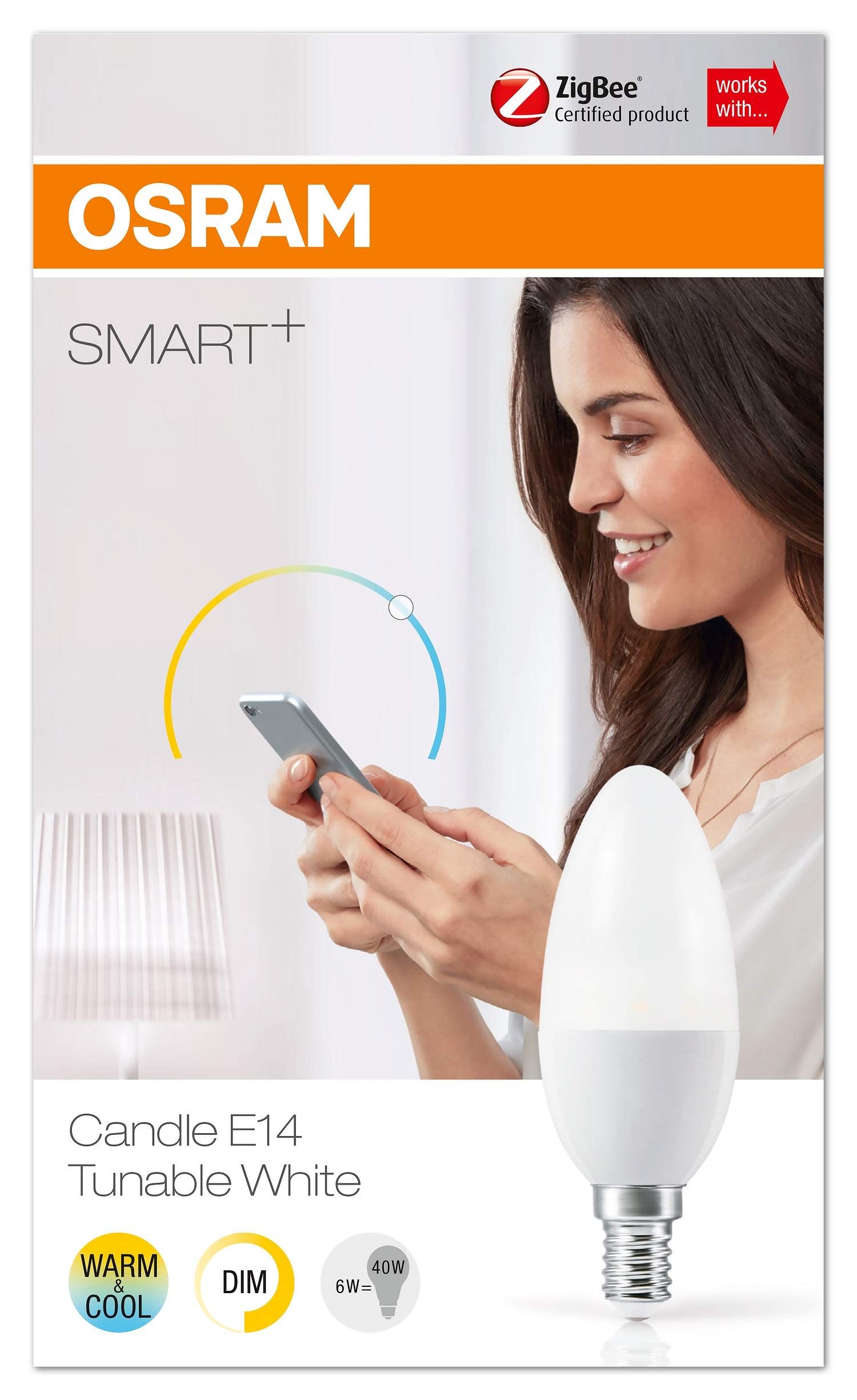 Osram Smart+ LED, ZigBee Lampe mit E14 Sockel, warmweiß bis tageslicht (2700K - 6500K), dimmbar, Direkt kompatibel mit Echo Plus und Echo Show (2. Gen.), Kompatibel mit Philips Hue Bridge