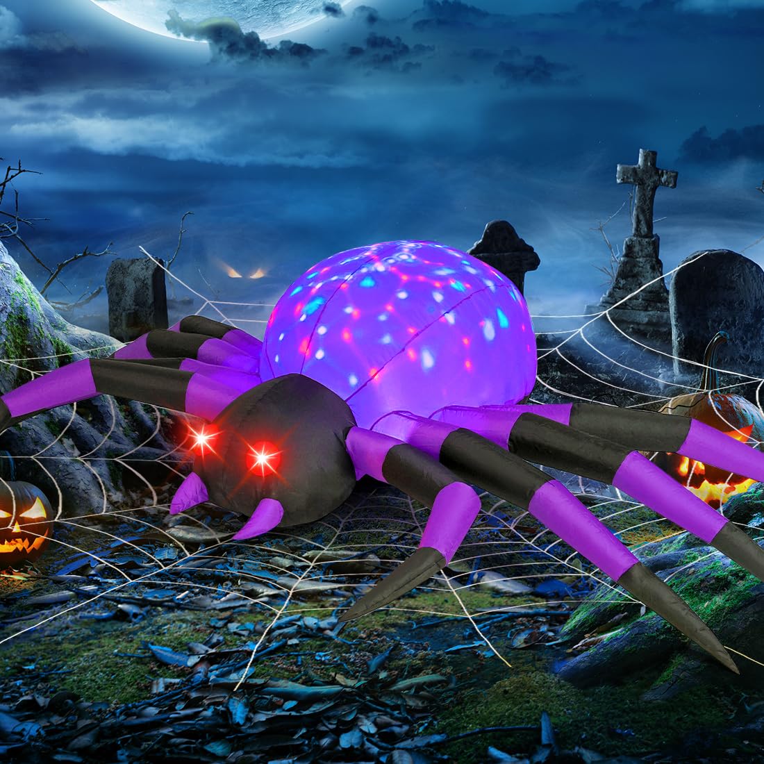 COMIN Nadmuchiwane materiały halloweenowe o szerokości 2,5 m, dekoracje zewnętrzne, pająk, wysadzane podwórko, dekoracja z wbudowaną diodą LED, na podwórko, ogród, imprezę, trawnik (fioletowy)