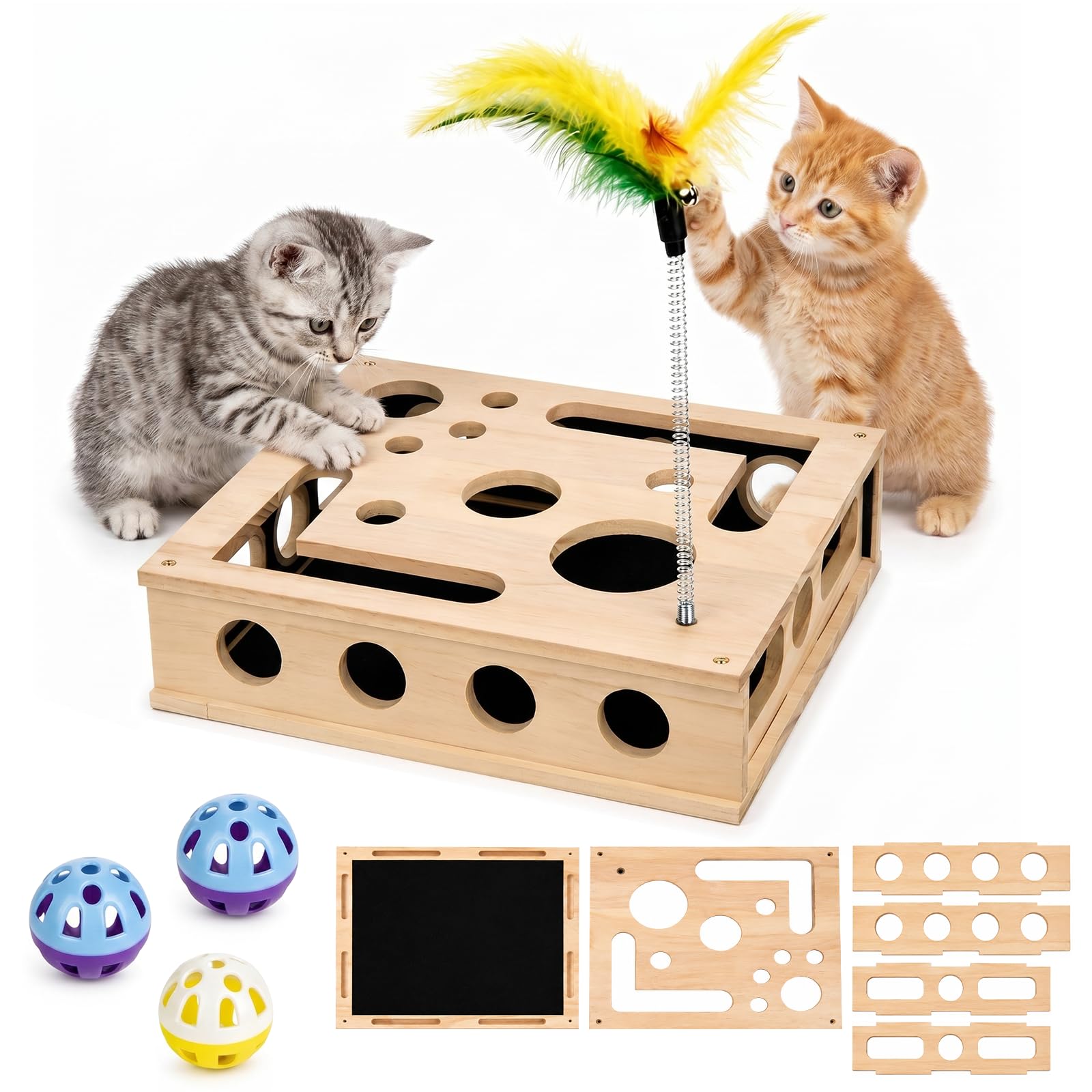 Taichaeu 2-in-1 Katzen Kratzspielzeug mit Intelligenzspiel & Krallenpflege - Interaktive Nagelfeilen, Katzen Krallenpflege beim Spielen, Katzen Kratzbrett aus Holz - 3 Glockenbällen & Federstab