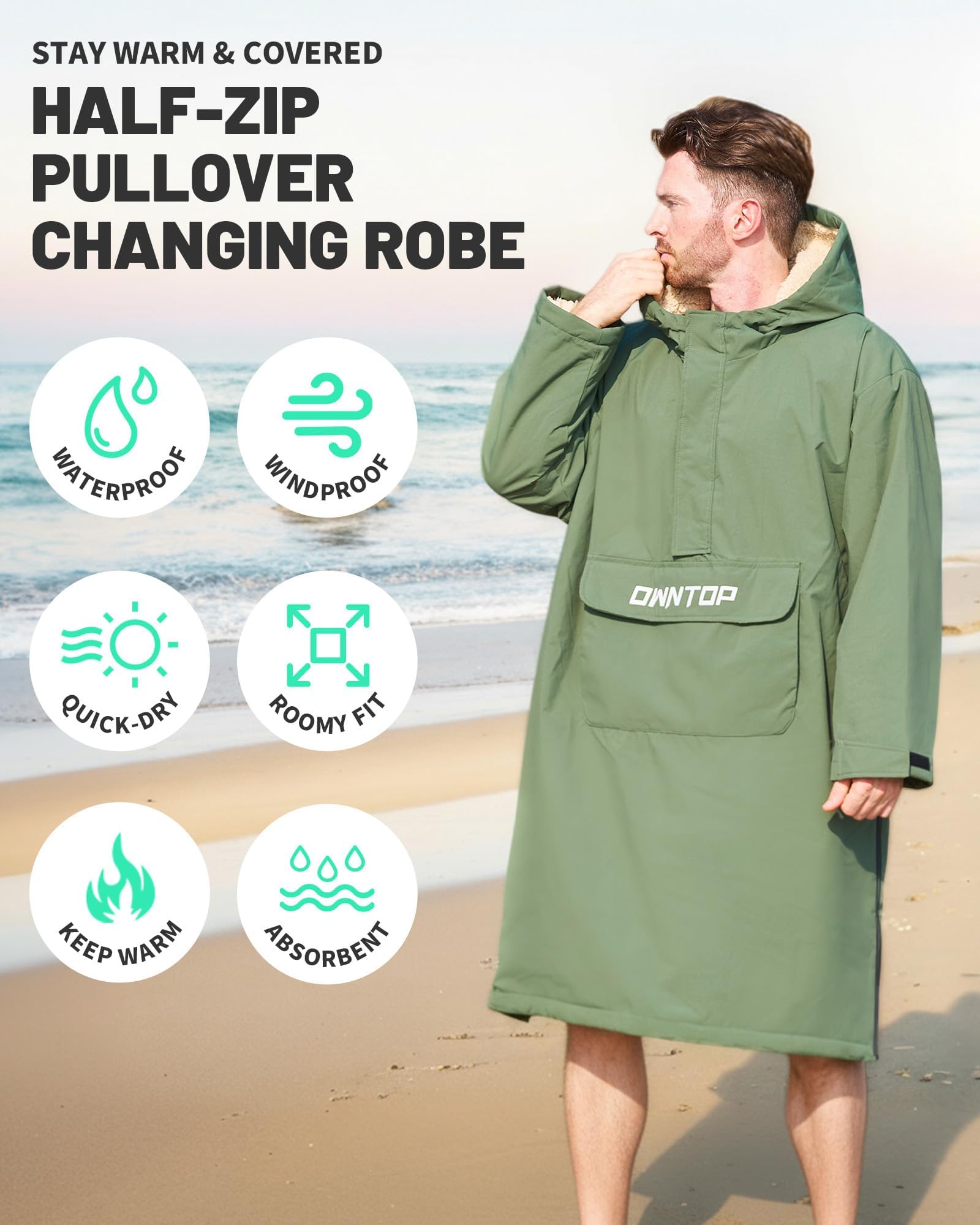 Owntop Cappotto Avvolgente Impermeabile per Adulti e Bambini - Cappotto semizipper Oversize Antivento con Fodera in Peluche Sherpa, Poncho Surf Ideale per cambiarsi e asciugarsi Dopo Spiaggia