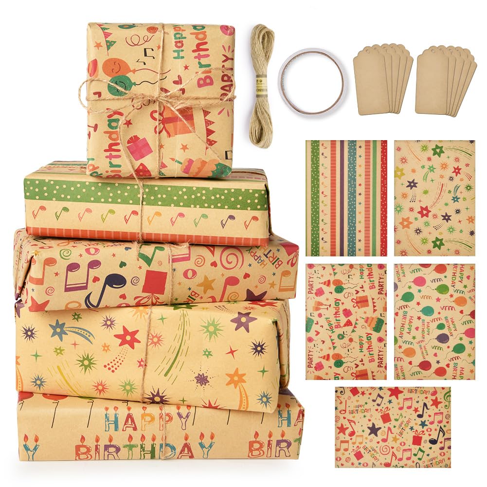 GWAWG 4 PCS Papier Cadeau Papier Cadeau Kraft Différents Motifs 50*70cm Avec 2 Ficelles De Lin Autocollants Ruban Double Face Sac Cadeau Pour Enfant Garçons Filles Mariage Anniversaire