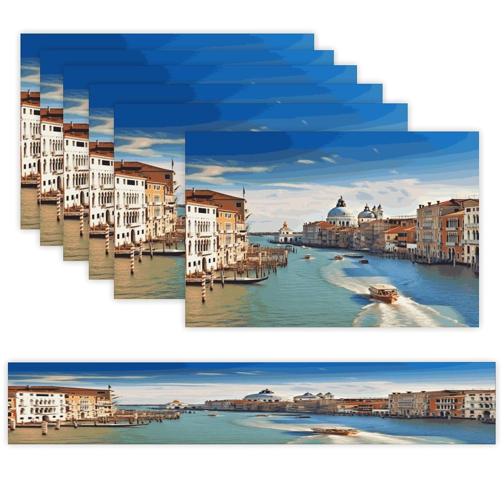 Grand Canal in Italy Table Runner and Placemats Set of 6 for Kitchen Washable Table Mats Heat Resistant Place Mats Non-Slip Place Mat Wipeable Placemat(6 Placemats+1 Table Runner)