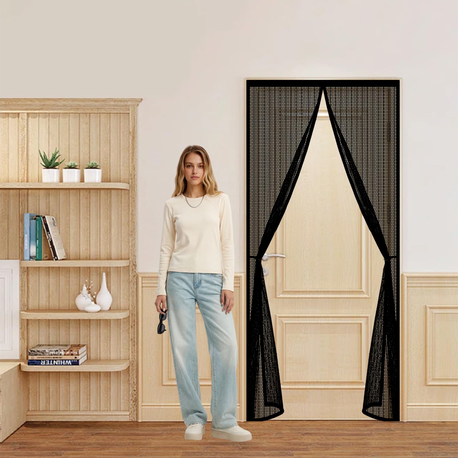 Qenhyun Black Fly Screens For Doors 240 X 185 Cm Keep Bugs Out, Full Frame Magic Tape, Powerful Magnets, Self Sealing, No Drill Installation, Magnetic Door Curtain For Balcony Bedroom Doors,