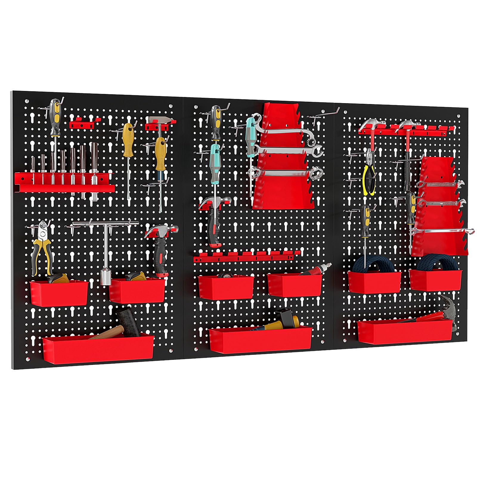 COSTWAY Organizador de Herramientas de Pared, Panel Perforado con 9 Contenedores PP, Soportes para Destornilladores y Brocas, 12 Ganchos, Almacén Resistente para Garaje, Taller (Negro y Rojo)